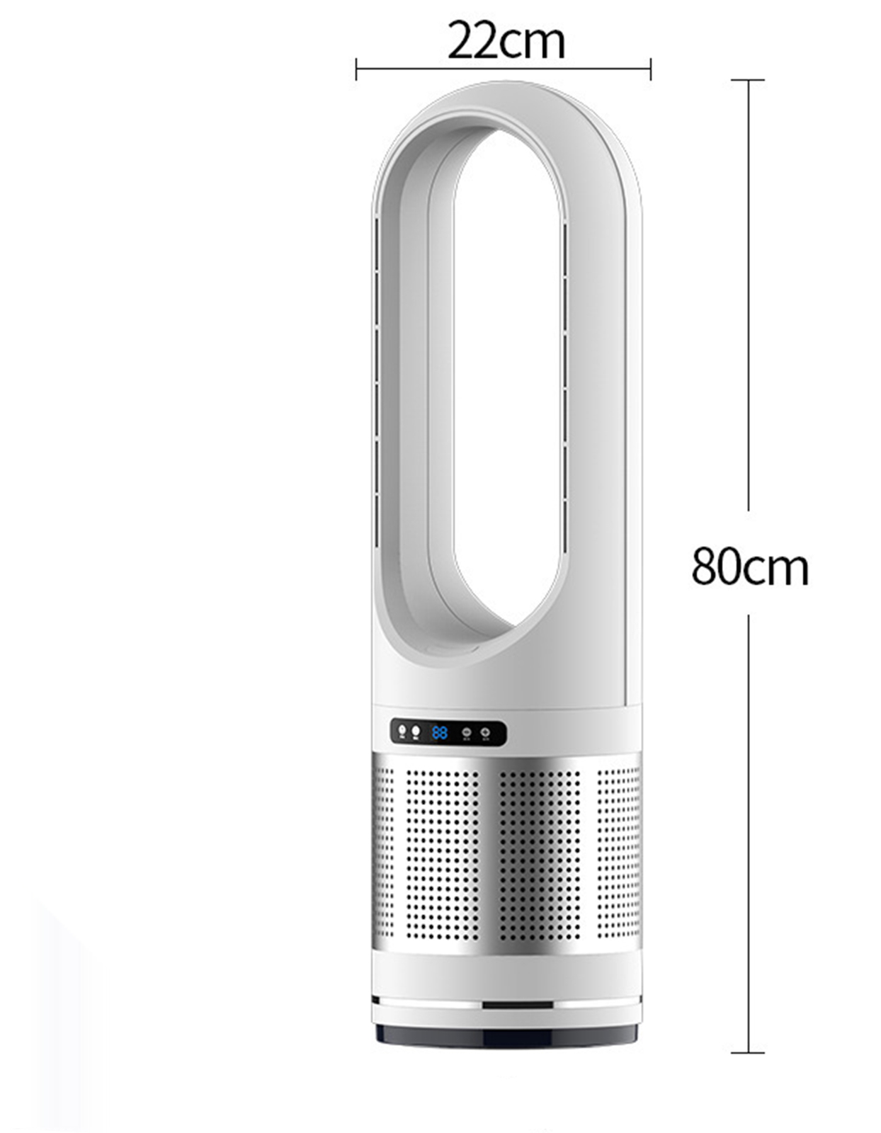 Ein weißer, blattloser Ventilator mit silbernen Akzenten, Abmessungen 22cm und 80cm, vor einem weißen Hintergrund.