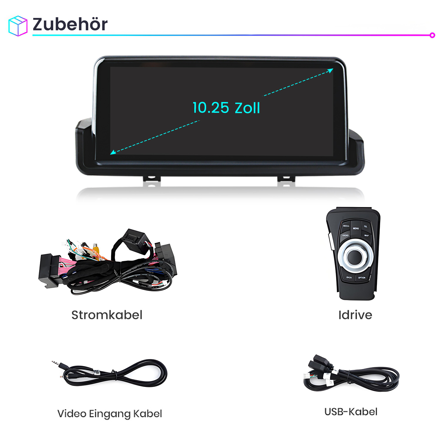 Das Bild zeigt ein Autoradio-System mit Zubehör wie Kabel und einem Controller auf einem weißen Hintergrund.