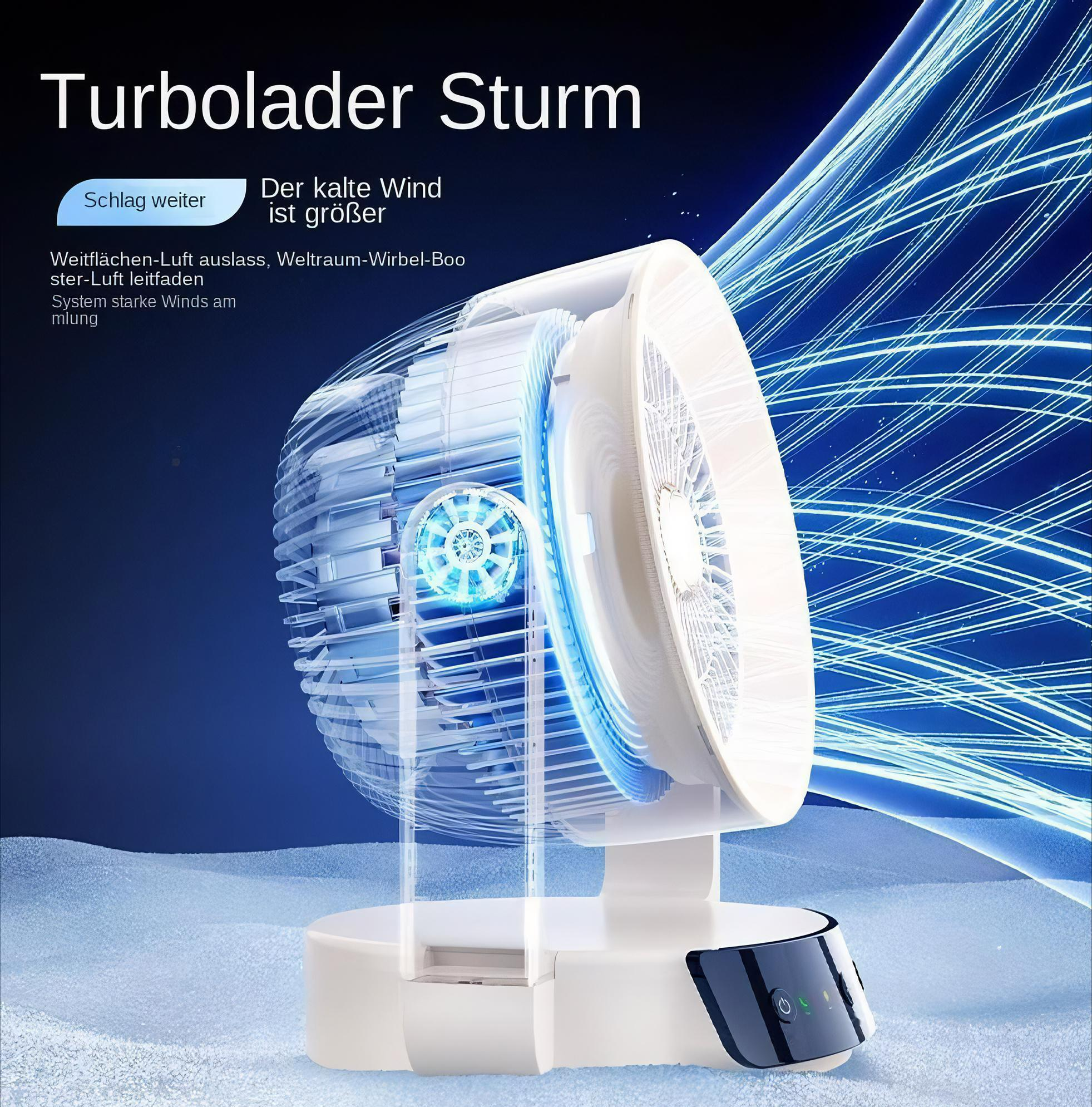 Das Bild zeigt einen weißen Tischventilator mit einer Überlagerung von blauen Linien, die einen Luftstrom andeuten, auf einem verschwommenen Hintergrund.