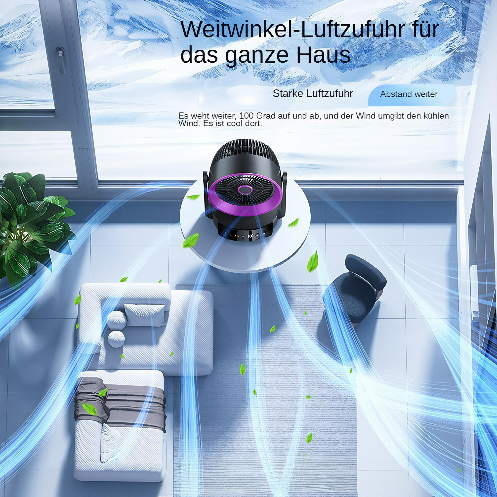Das Bild zeigt einen Ventilator in einem Raum mit blauen Linien, die den Luftstrom anzeigen, und Möbeln wie einem Sofa und einem Stuhl.