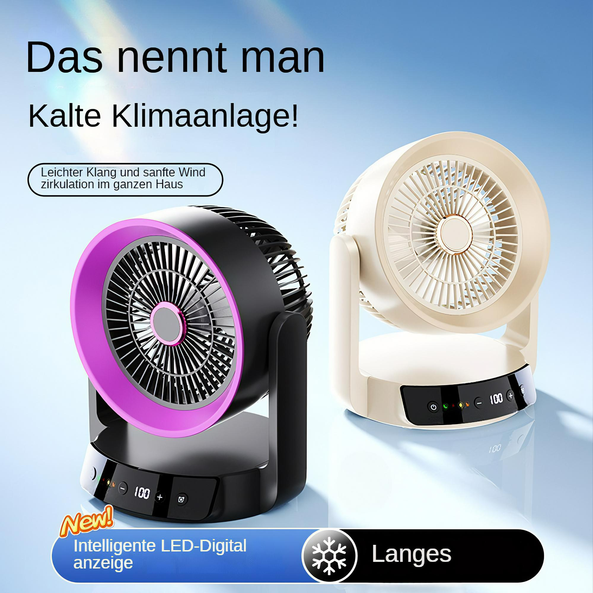 Zwei Ventilatoren, einer schwarz mit einem lila Ring und einer beige, werden angezeigt. Text überlagert das Bild.