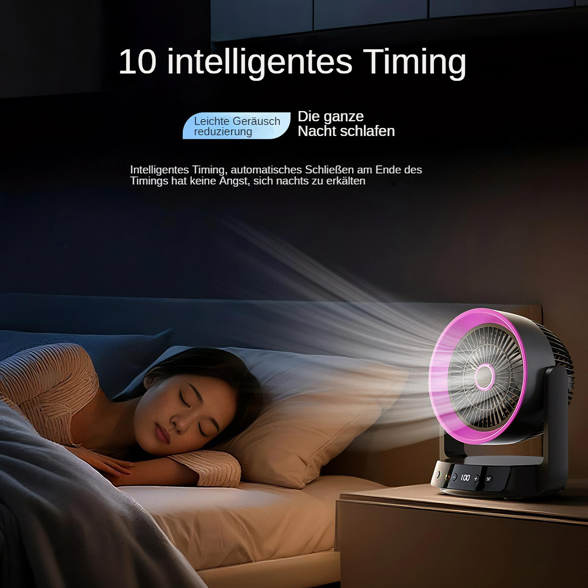 Eine Frau schläft neben einem schwarzen Ventilator mit einem lila Ring. Das Licht des Ventilators beleuchtet die Szene.