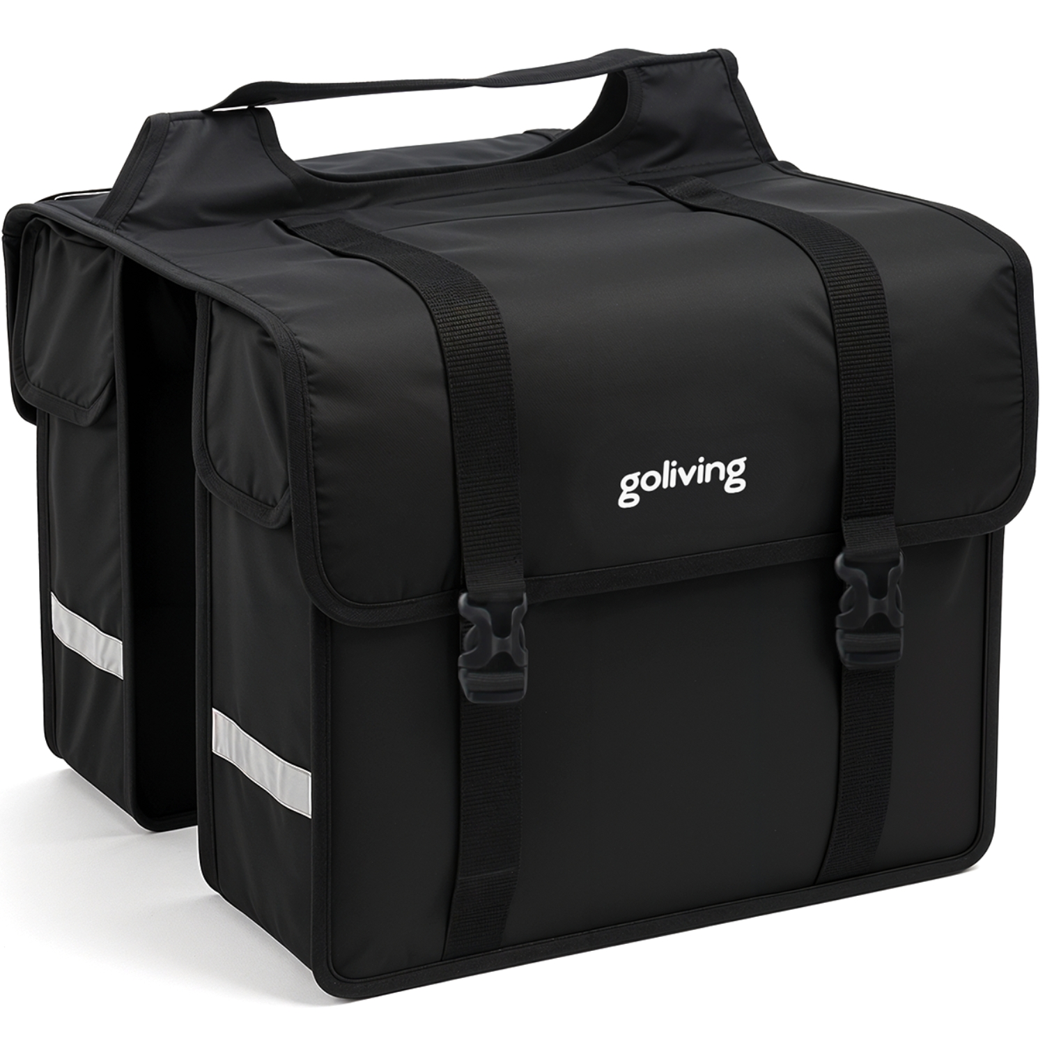 Das Bild zeigt eine schwarze Fahrradtasche mit dem "goliving"-Logo auf einem weißen Hintergrund.