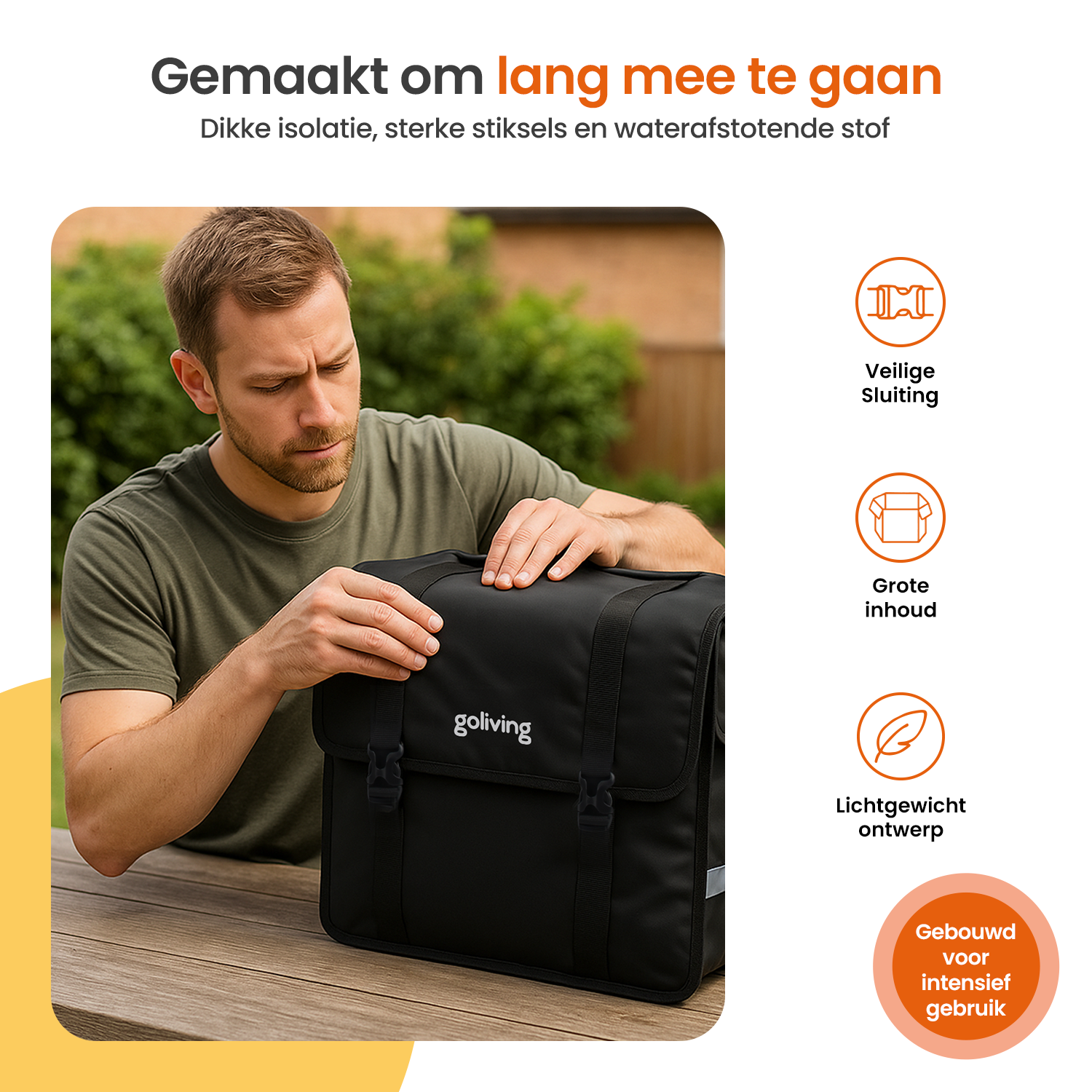 Ein Mann befestigt eine schwarze Goliving-Packtasche. Text ist über das Bild gelegt.
