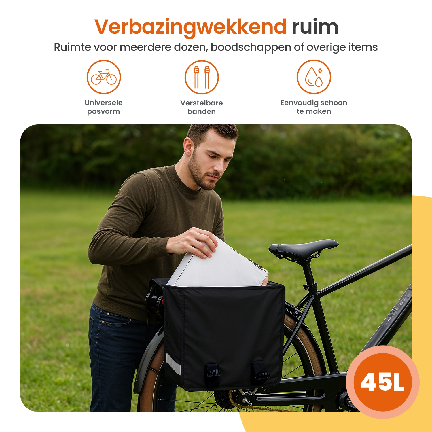 Ein Mann wird gezeigt, wie er einen weißen Gegenstand in eine schwarze Goliving-Packtasche auf einem Fahrrad legt. Text überlagert das Bild.