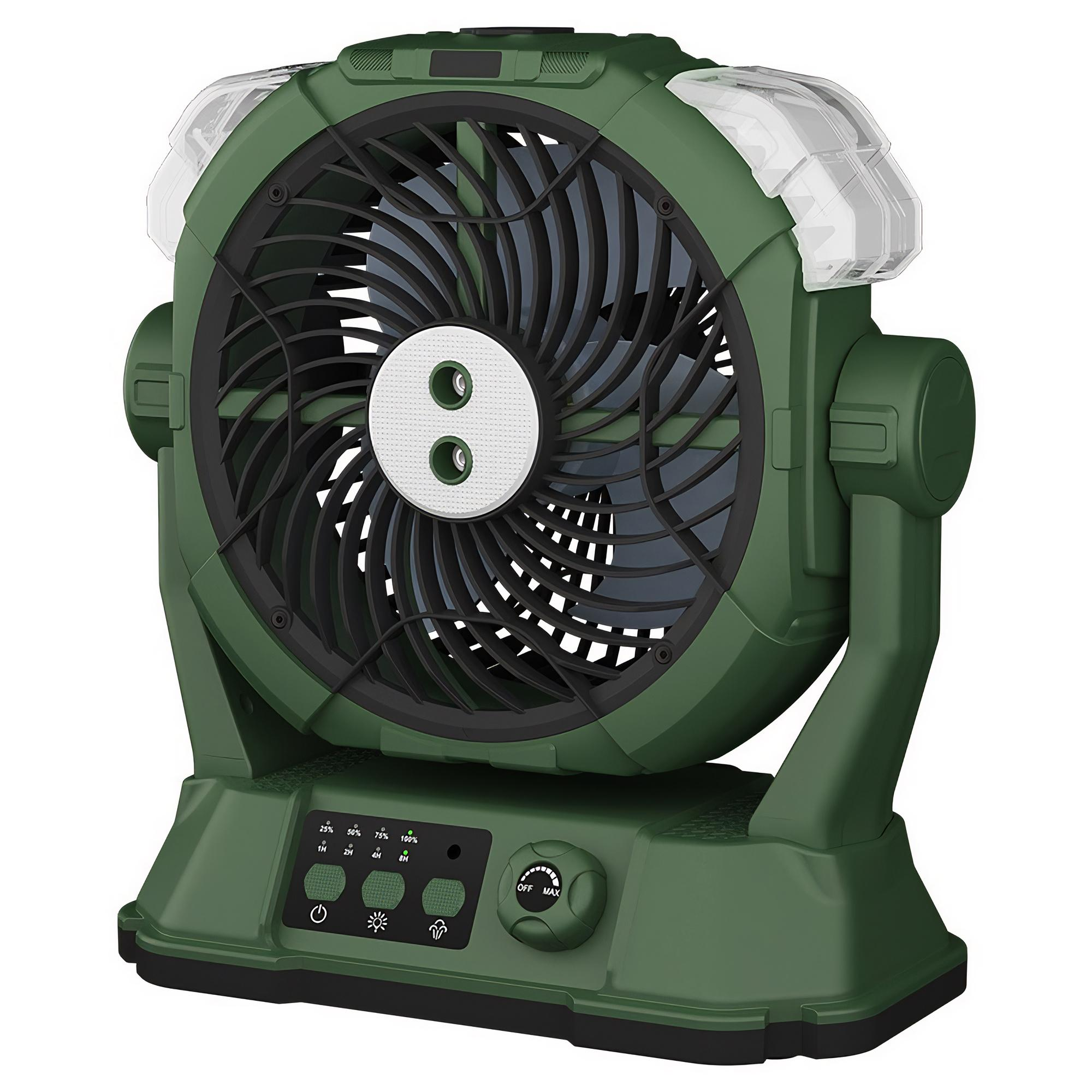 Ein olivgrüner, kastenförmiger Ventilator mit LED-Leuchten und einem Bedienfeld steht auf einem weißen Hintergrund.