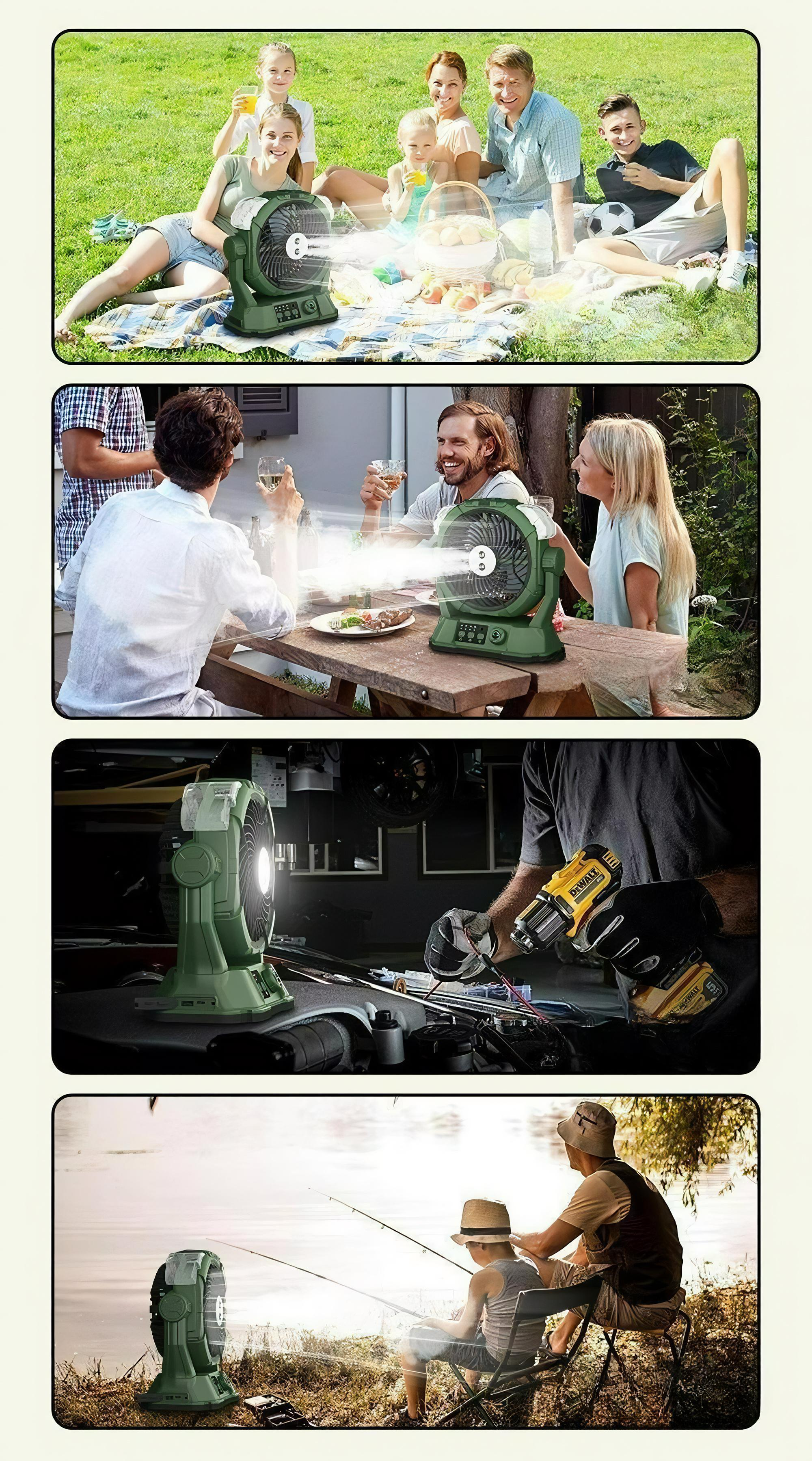 Vier Bilder, die einen grünen Boxventilator bei einem Picknick, einem Tisch, einer Autoreparatur und beim Angeln zeigen.