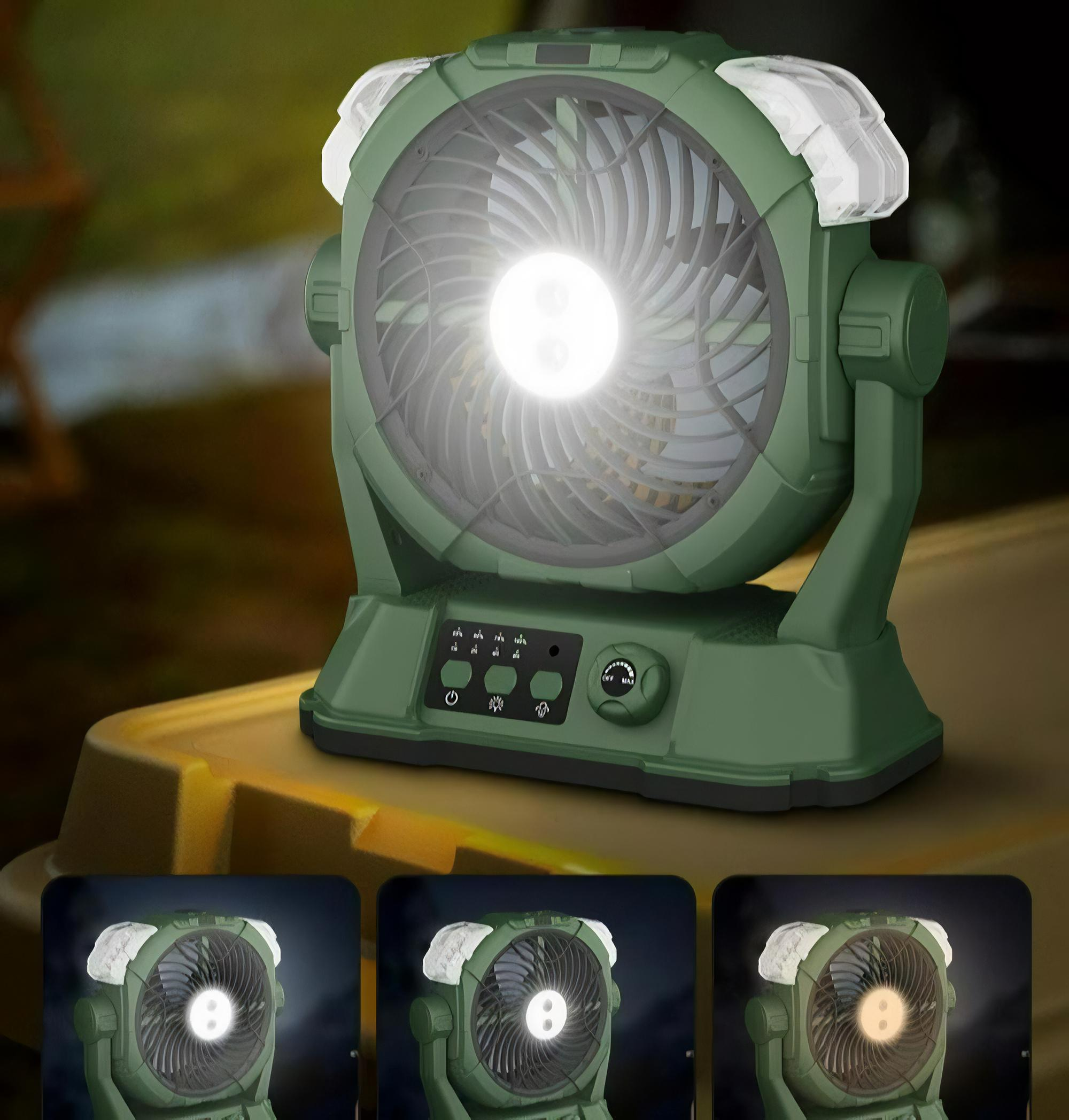Grüner Campingventilator mit Lichtern. Der Ventilator steht auf einer Oberfläche und die Lüfterflügel sind sichtbar.