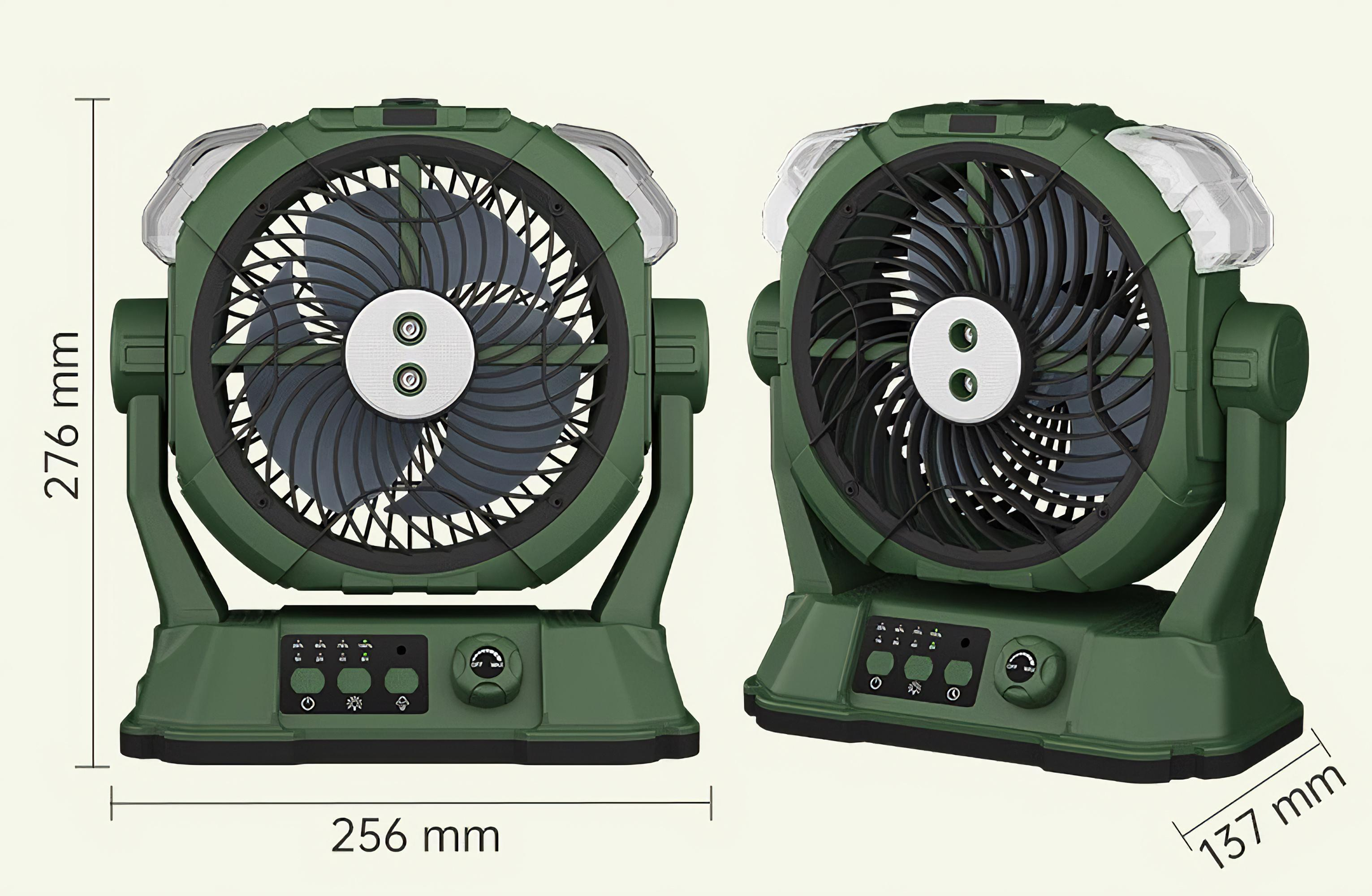 Zwei grüne Campingventilatoren mit Lichtern zeigen die Abmessungen. Die Lüfterflügel sind sichtbar.