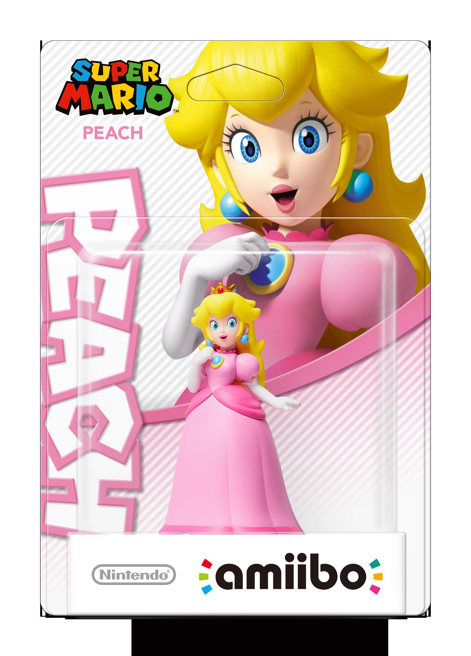 Una statuetta amiibo di Peach nella sua confezione, con il logo di Super Mario.