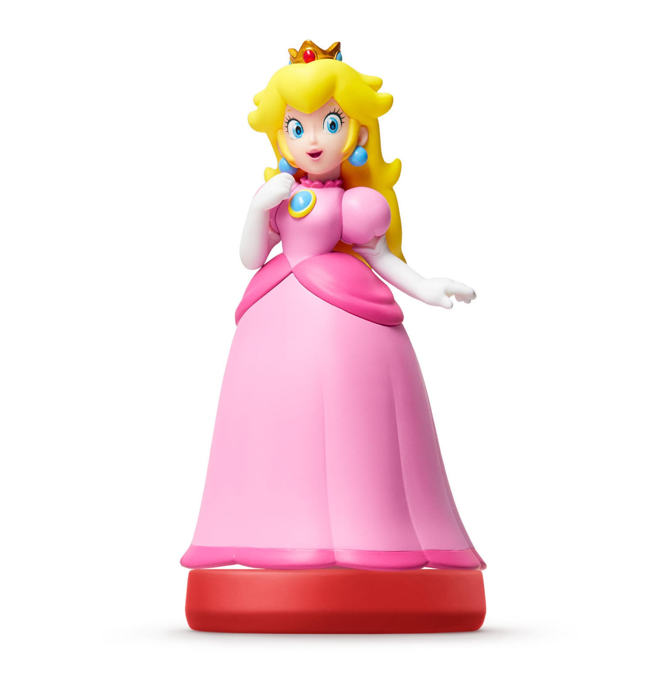 Una statuetta amiibo di Peach, in piedi su una base rossa, su uno sfondo bianco.