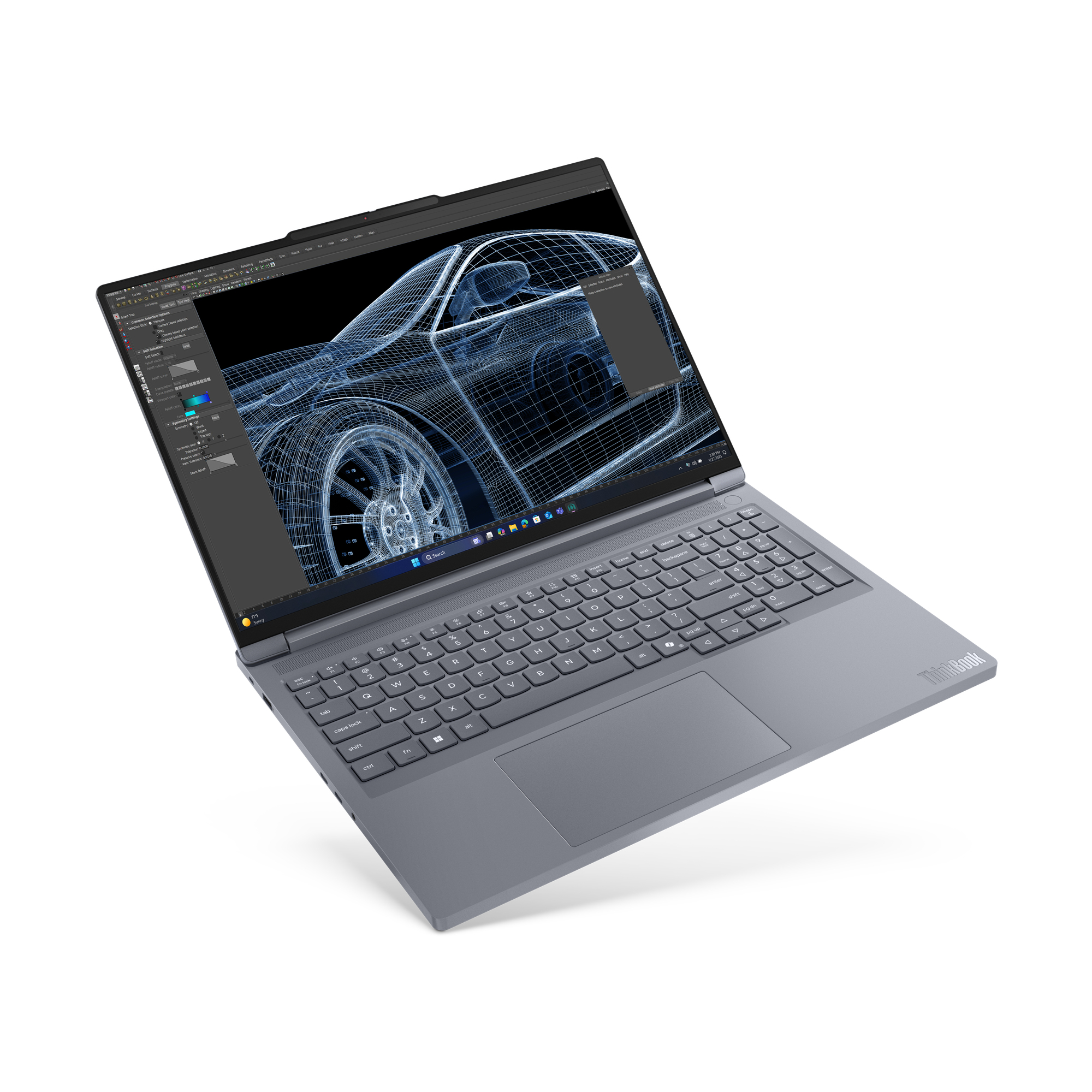 Ein silberner ThinkBook-Laptop ist geöffnet. Der Bildschirm zeigt eine 3D-Modelldesignoberfläche mit einem Auto-Drahtgittermodell.