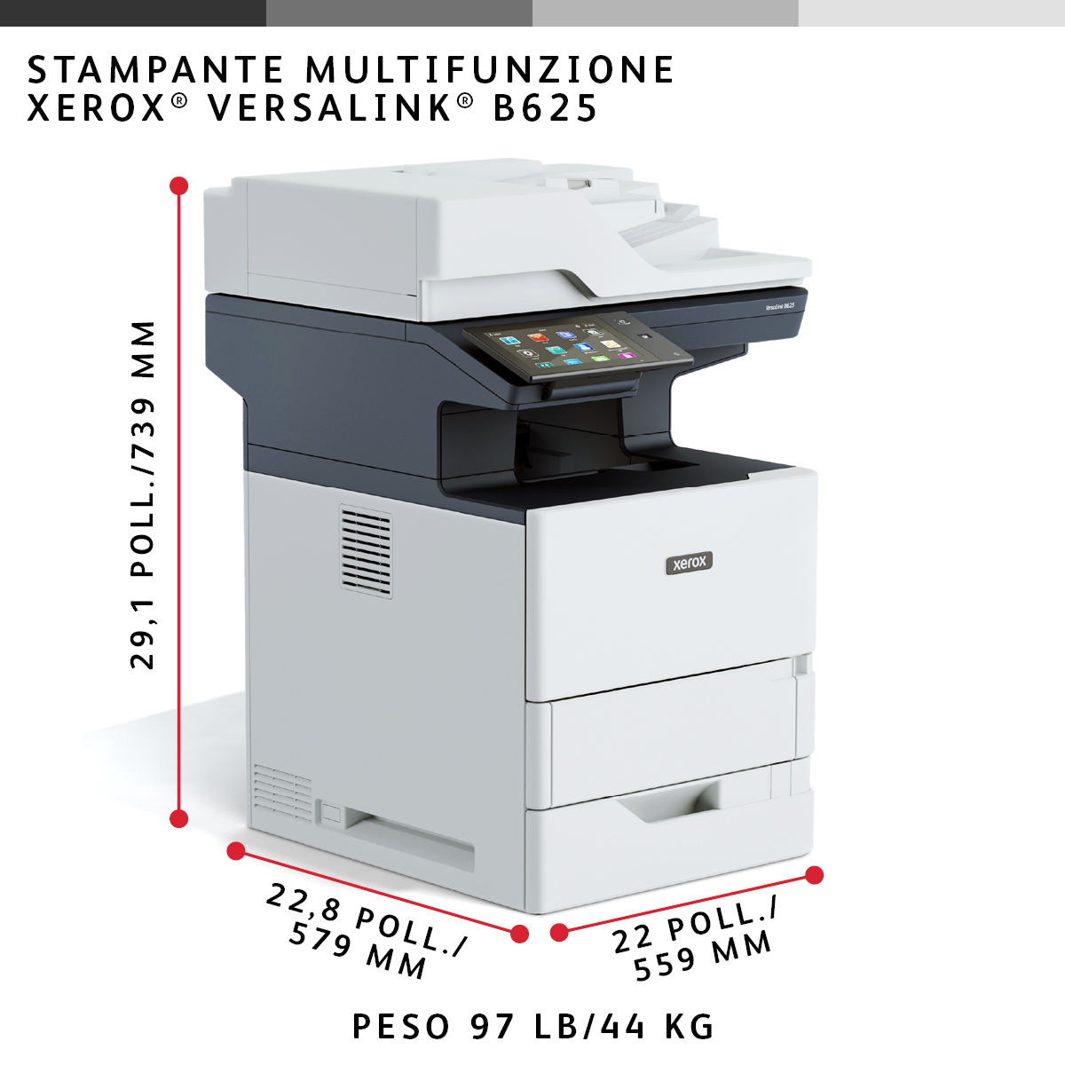 Wielofunkcyjna drukarka Xerox VersaLink B625 z wyróżnionymi wymiarami i specyfikacjami wagi.