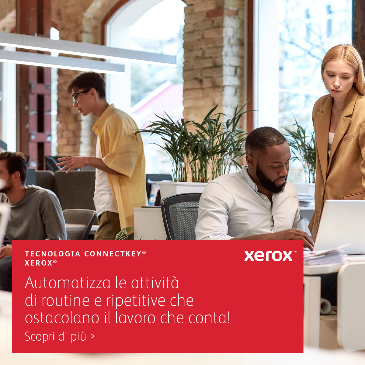 Scena biurowa z pracującymi ludźmi. Duży czerwony kwadrat przedstawia tekst marketingowy firmy Xerox w języku włoskim.