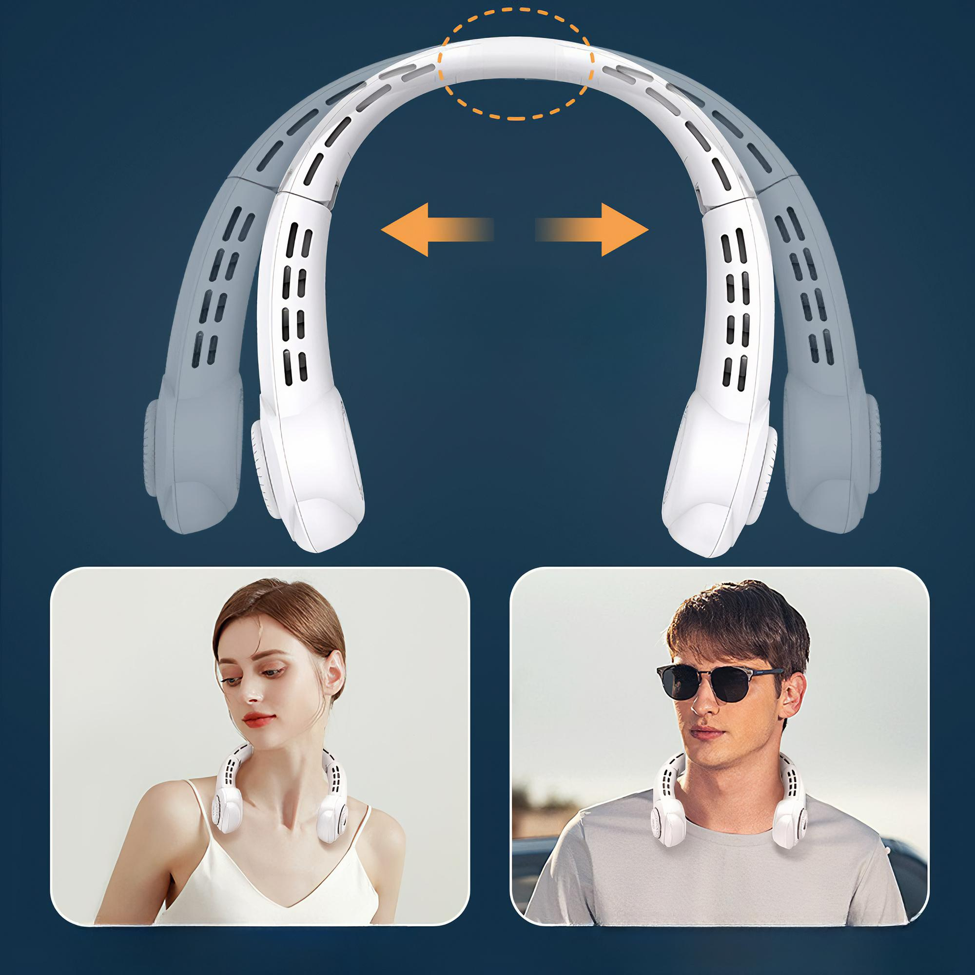 Das Bild zeigt einen flexiblen weißen Nackenventilator und zwei Personen, die ihn in separaten Quadraten tragen.