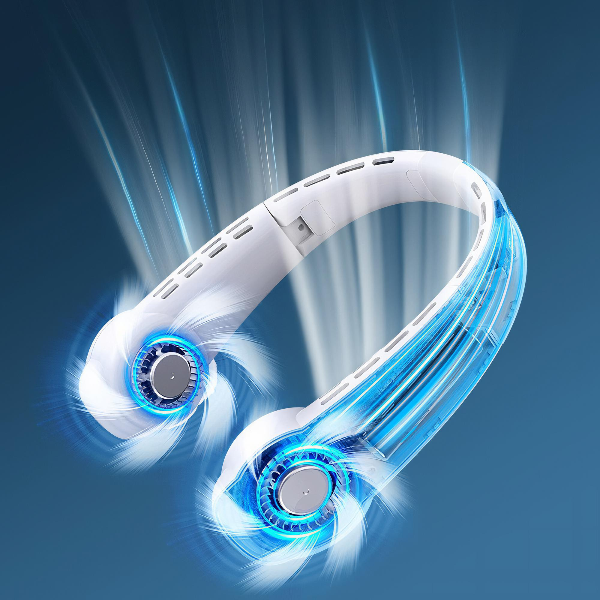 Ein weißer, tragbarer Nackenventilator mit blauen Lichteffekten auf blauem Hintergrund.