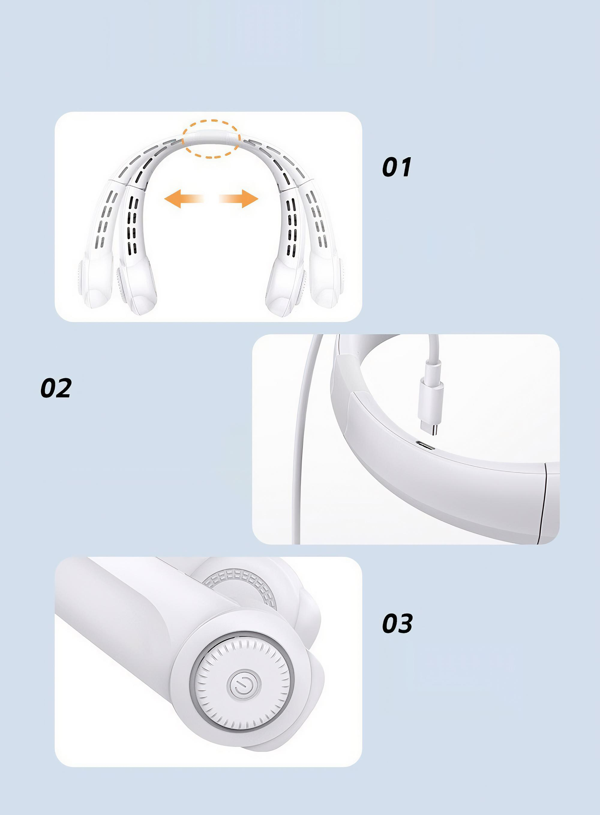 Ein weißer, tragbarer Nackenventilator wird in drei Nahaufnahmen gezeigt.