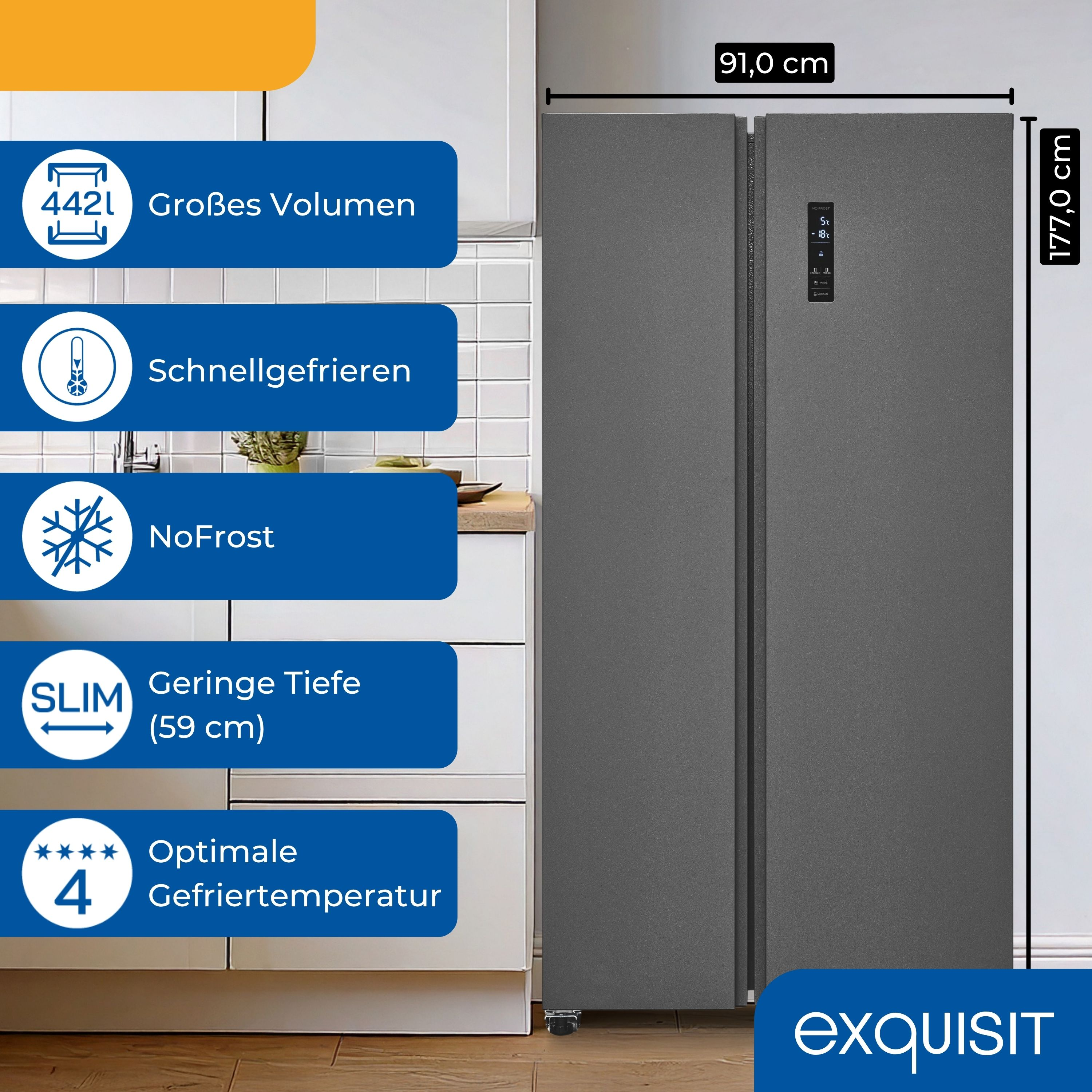 Ein grauer Kühlschrank mit Etiketten, die Abmessungen und Merkmale angeben, vor einem weißen Hintergrund.
