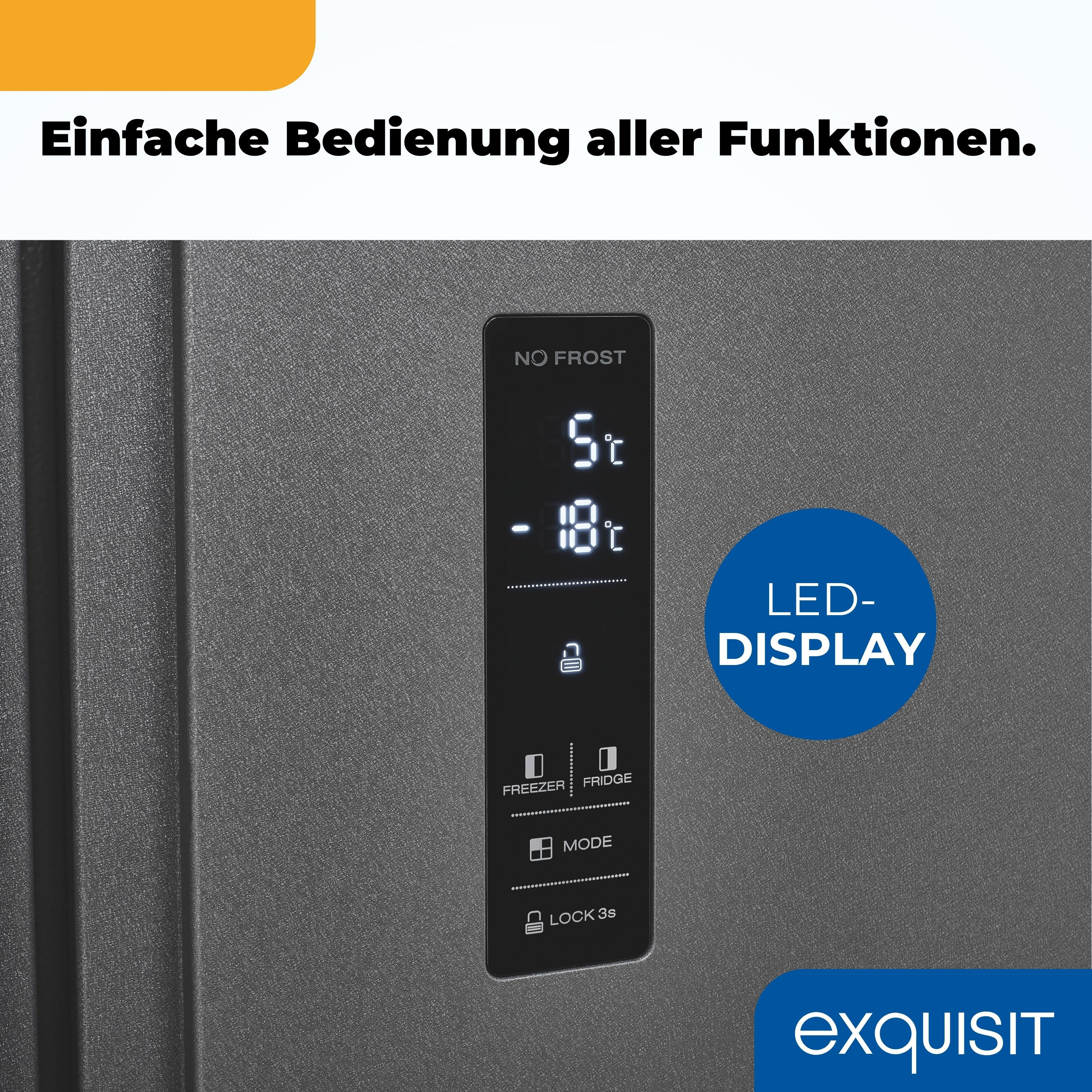 Eine Nahaufnahme des LED-Displays eines Kühlschranks, das Temperatureinstellungen und Funktionssymbole anzeigt.