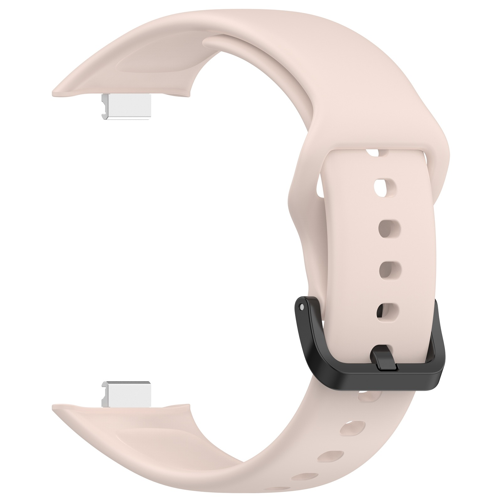 Un cinturino per orologio beige con fibbia nera, isolato su uno sfondo bianco. Semplice ed elegante.