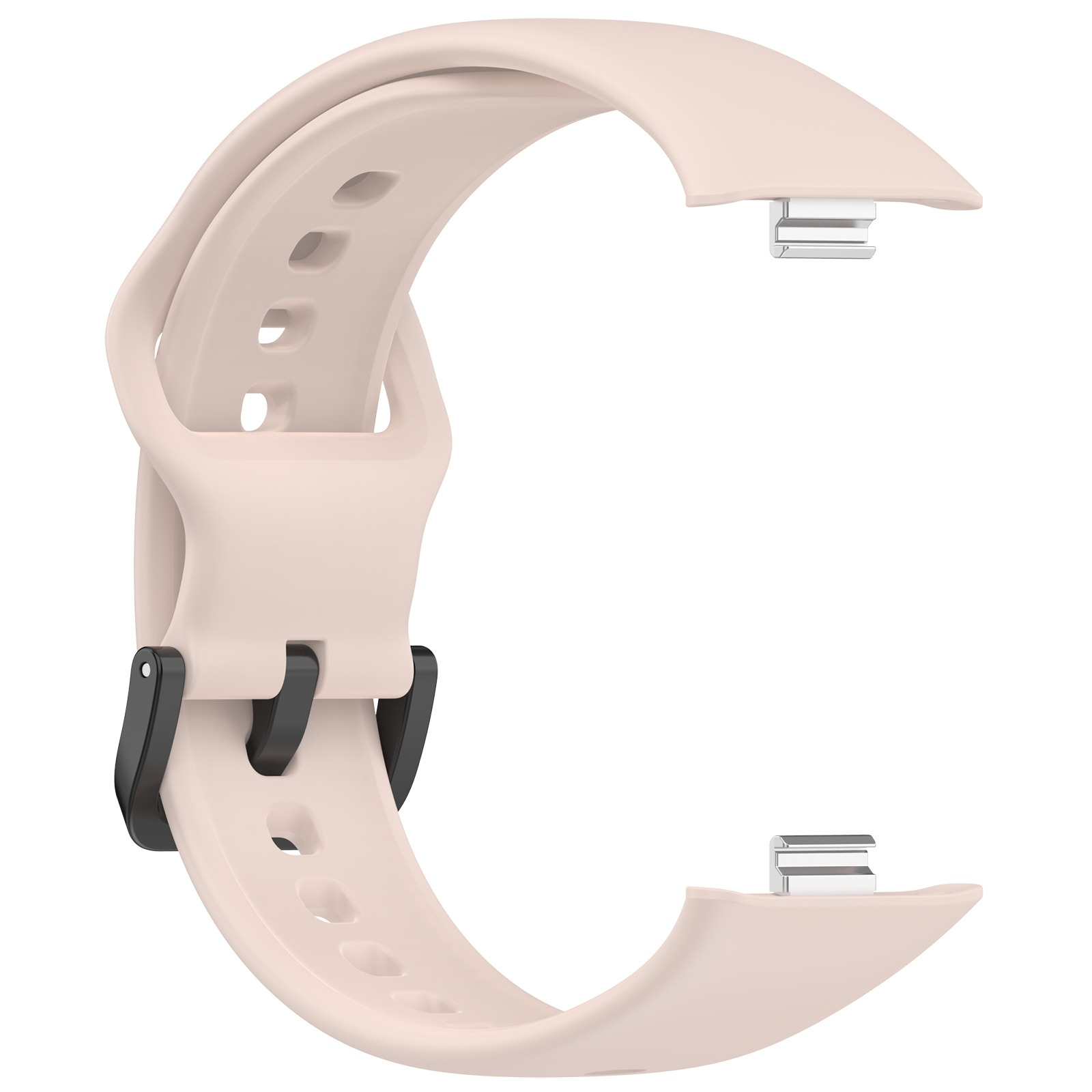 Cinturino per orologio beige con fibbia nera isolato su bianco. Presenta fori di regolazione per una vestibilità personalizzata.