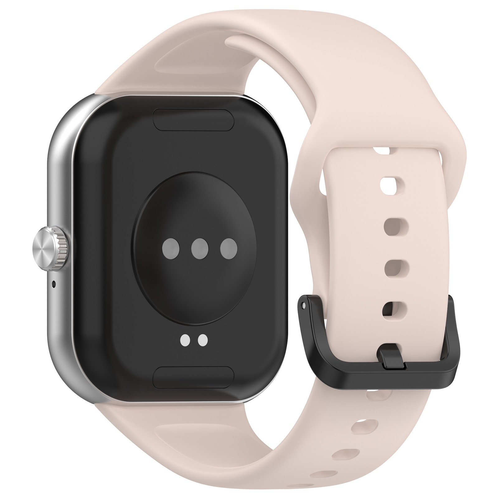 Smartwatch con cinturino beige e fibbia nera, vista laterale del sensore che mostra i contatti di ricarica.