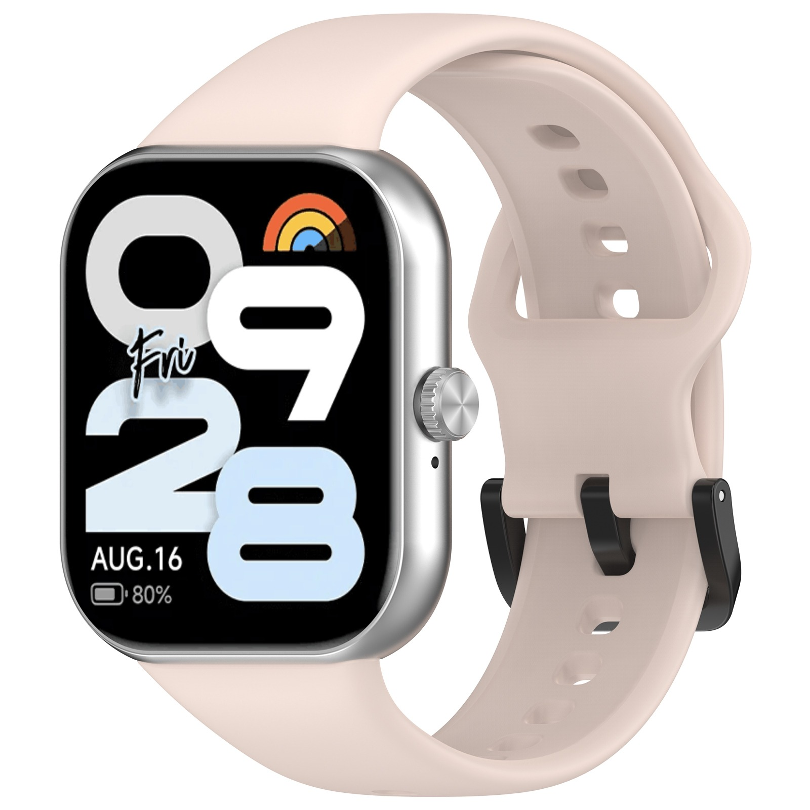 Smartwatch che mostra "Ven 28" e batteria all'80%, cinturino beige, corpo argentato, sfondo bianco.