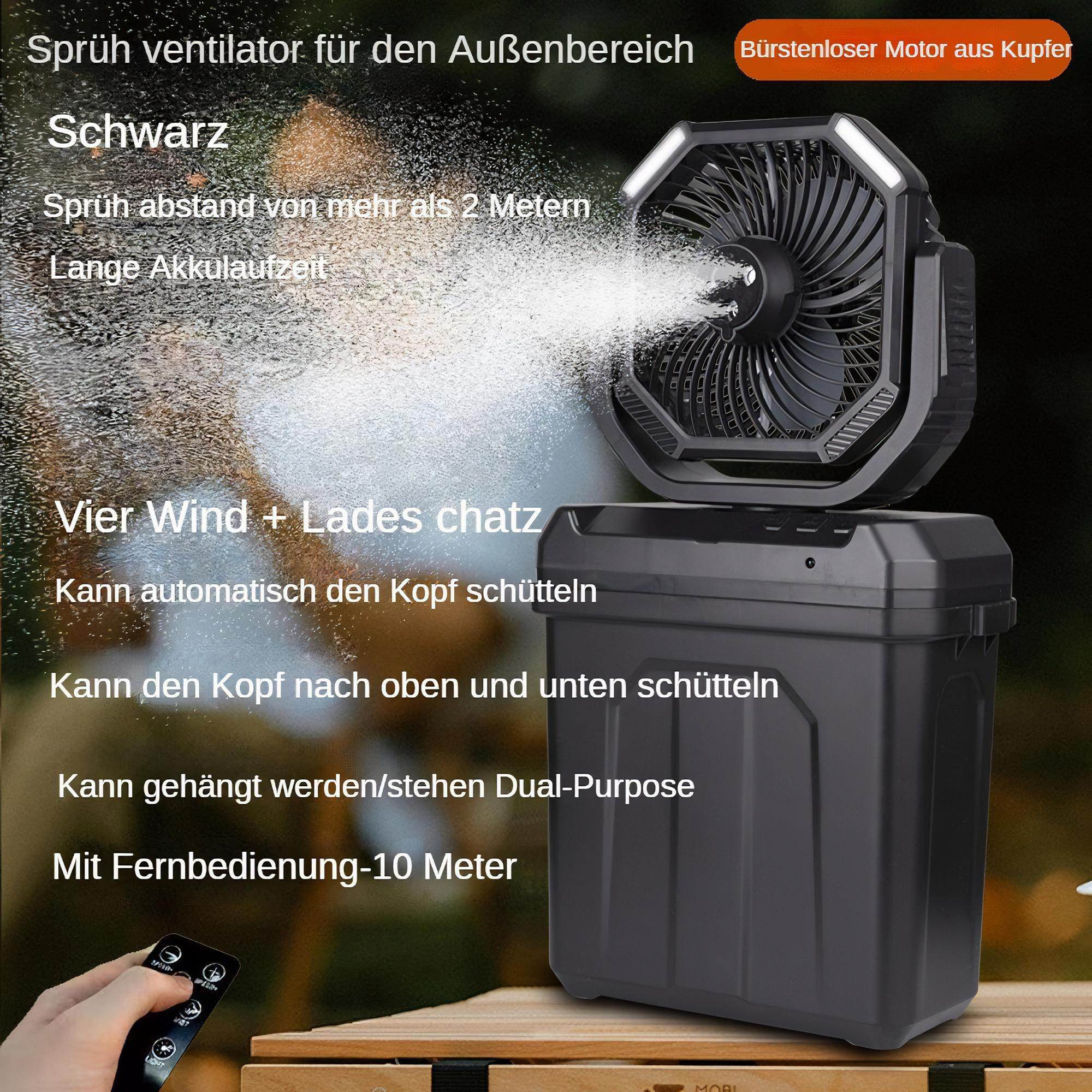 Ein schwarzer, tragbarer Ventilator mit Lichtern sprüht Nebel, mit deutschem Text, der das Bild überlagert.