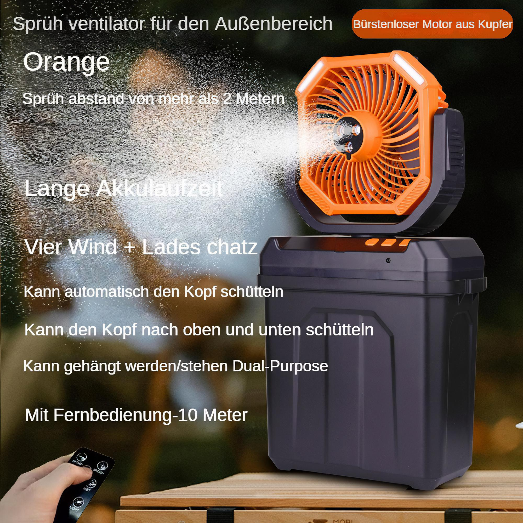Ein orangefarbener, tragbarer Ventilator mit Lichtern sprüht Nebel, mit deutschem Text, der das Bild überlagert.