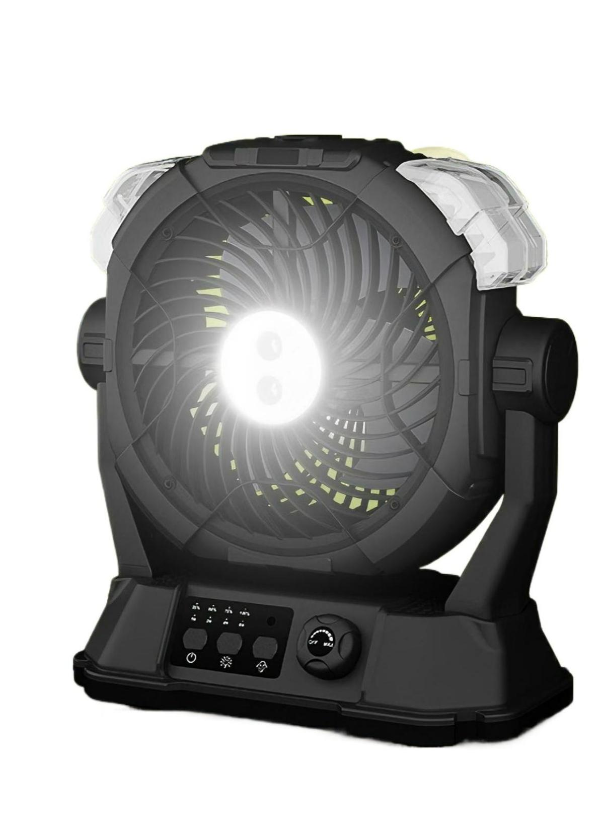 Ein schwarzer tragbarer Ventilator mit einem hellweißen Licht in der Mitte und kleineren Lichtern oben.