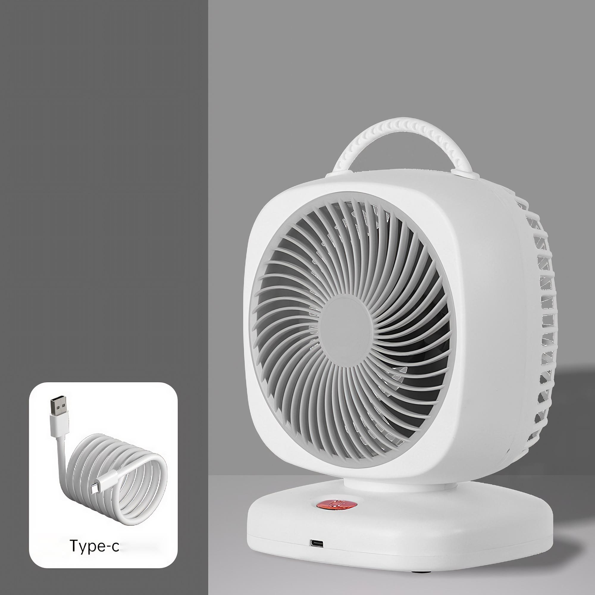Ein weißer tragbarer Ventilator mit grauen Flügeln, einem roten Knopf an der Basis, einem Griff oben und einem USB-C-Kabel.