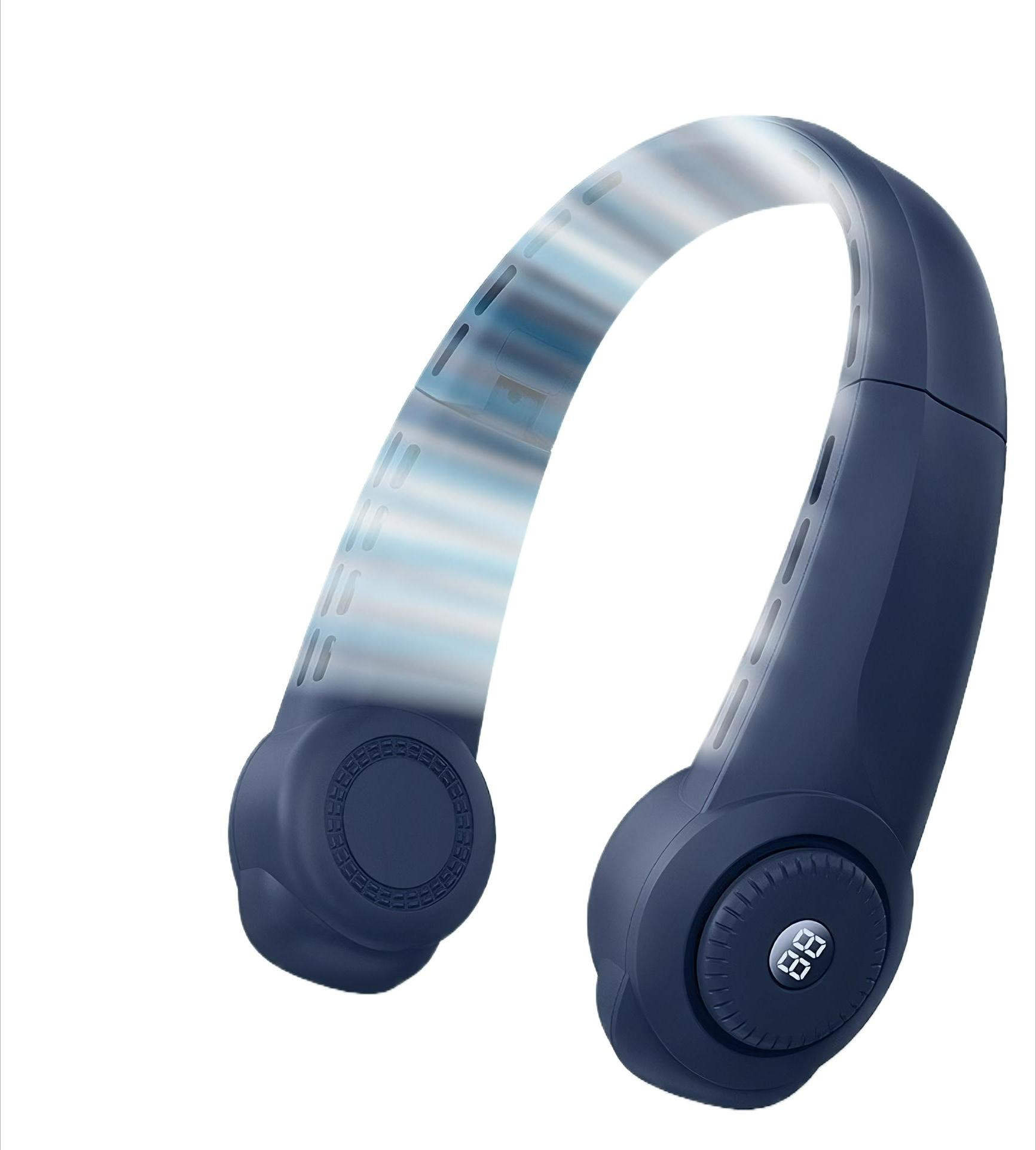 Blauer Nackenventilator mit digitaler Anzeige, schräge Ansicht auf weißem Hintergrund.