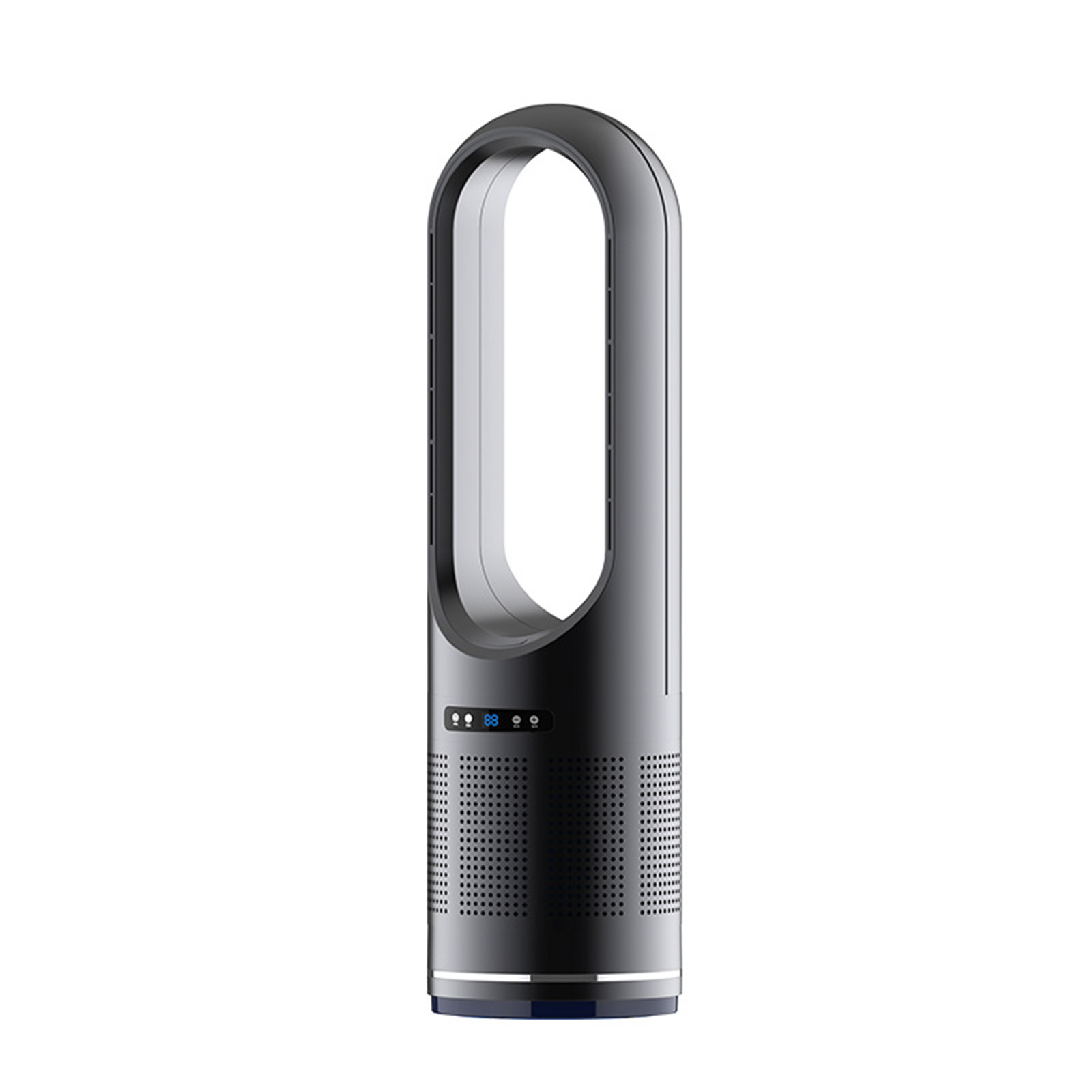 Hoher schwarzer, blattloser Ventilator mit digitaler Anzeige auf weißem Hintergrund.