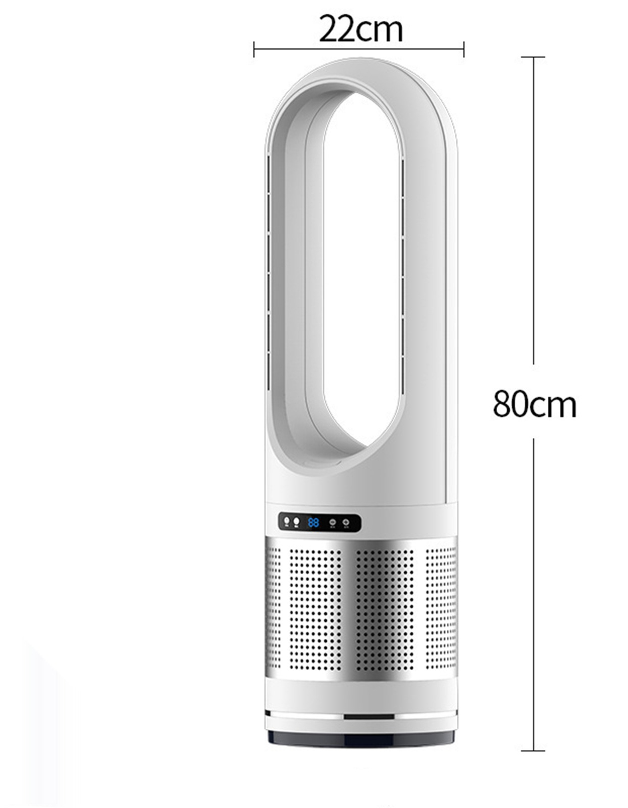 Weißer, blattloser Ventilator mit Maßen, der Höhe und Breite auf weißem Hintergrund zeigt.