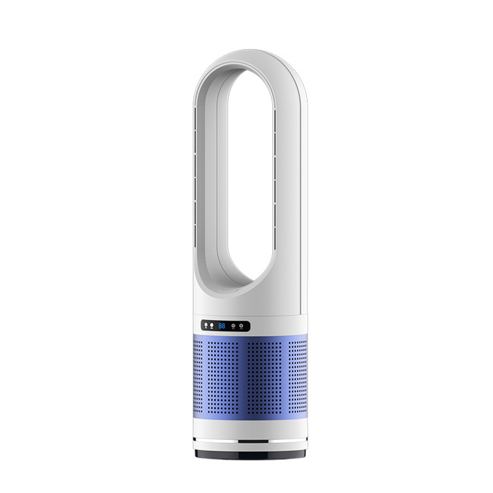 Ein hoher, weißer Turmventilator mit blauem, perforiertem Sockel steht vor einem weißen Hintergrund.