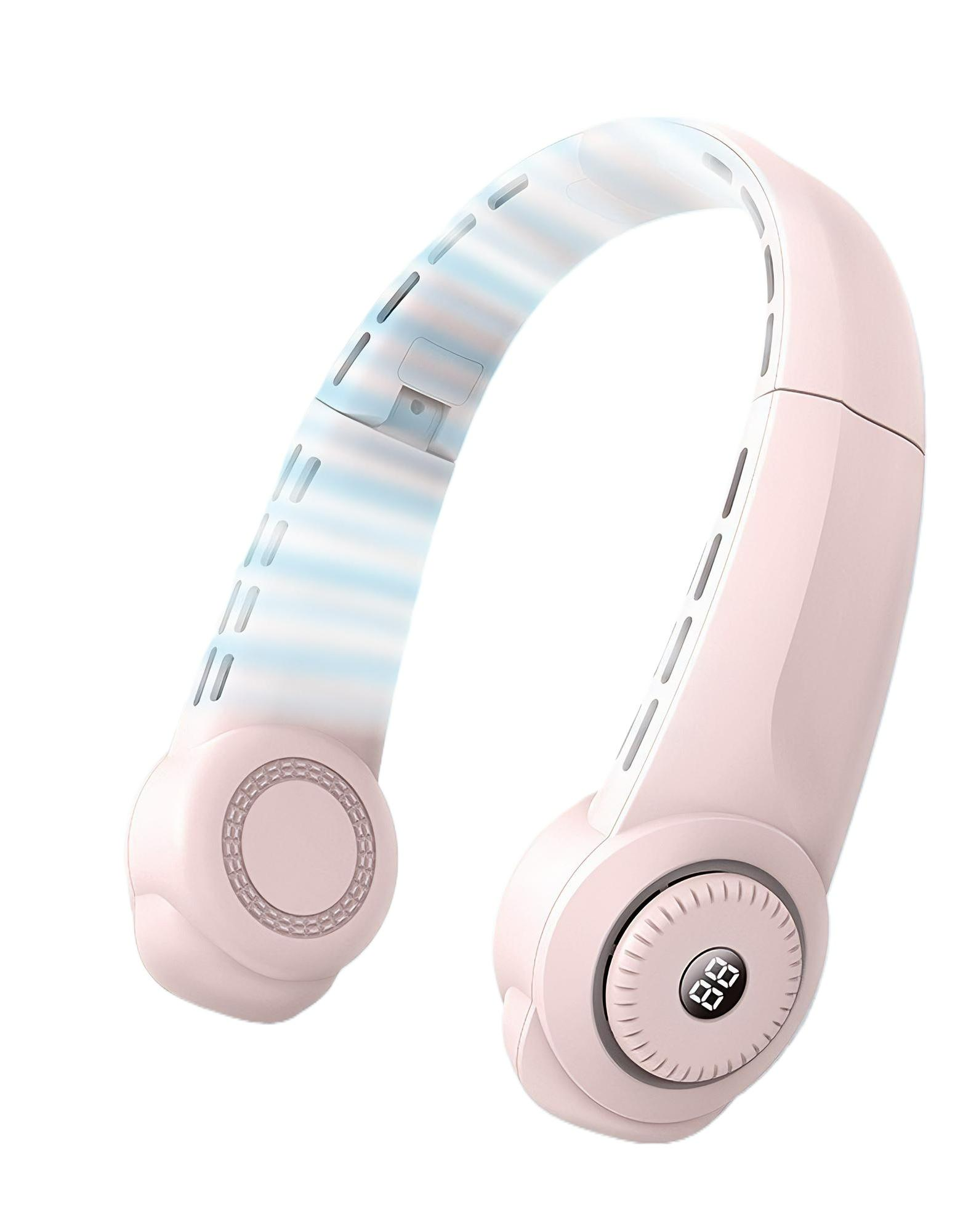 Ein rosa Nackenventilator mit digitaler Anzeige ist auf einem weißen Hintergrund isoliert. Der Ventilator ist U-förmig.