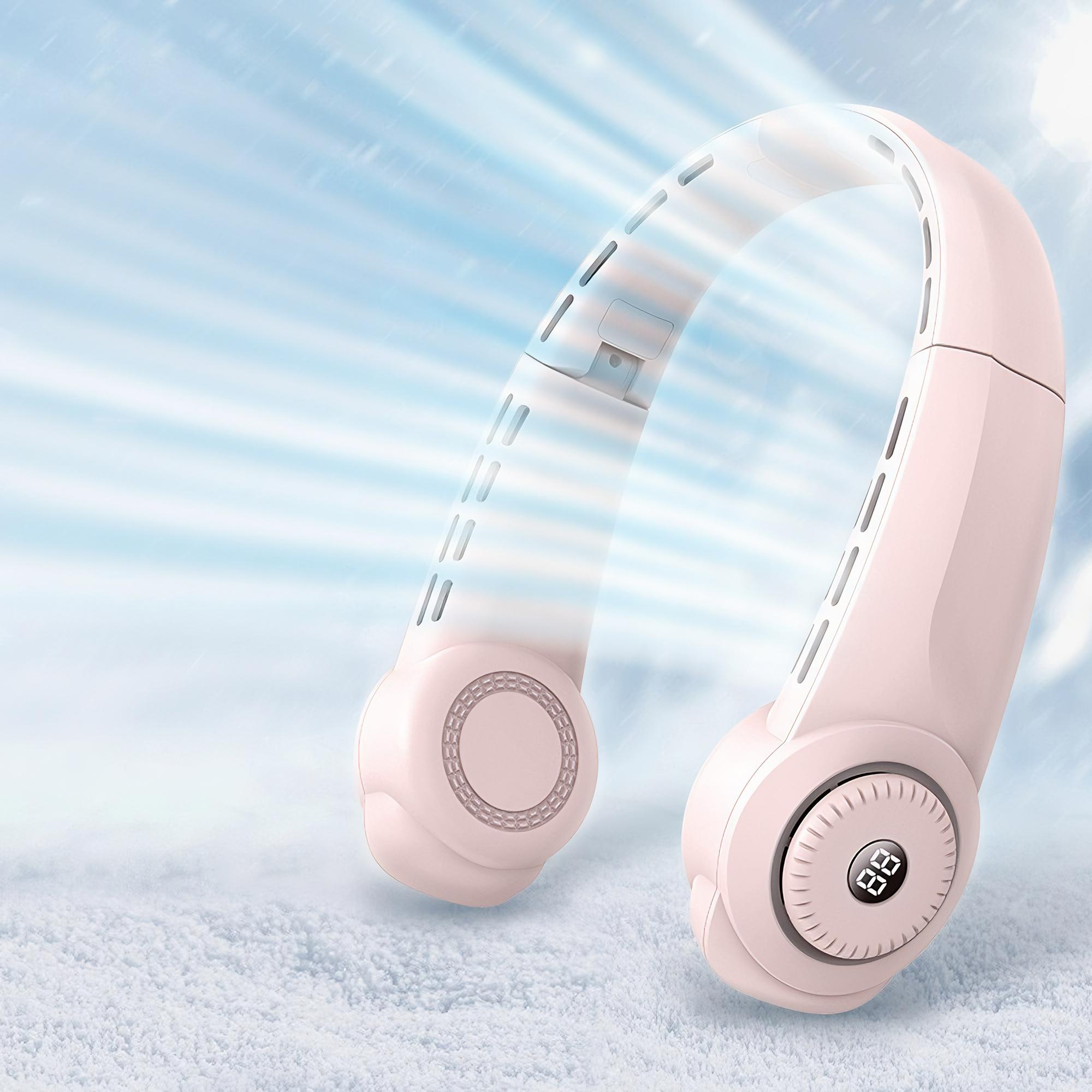 Ein rosa Nackenventilator zirkuliert Luft in einer kühlen Umgebung. Der Ventilator hat eine digitale Anzeige.