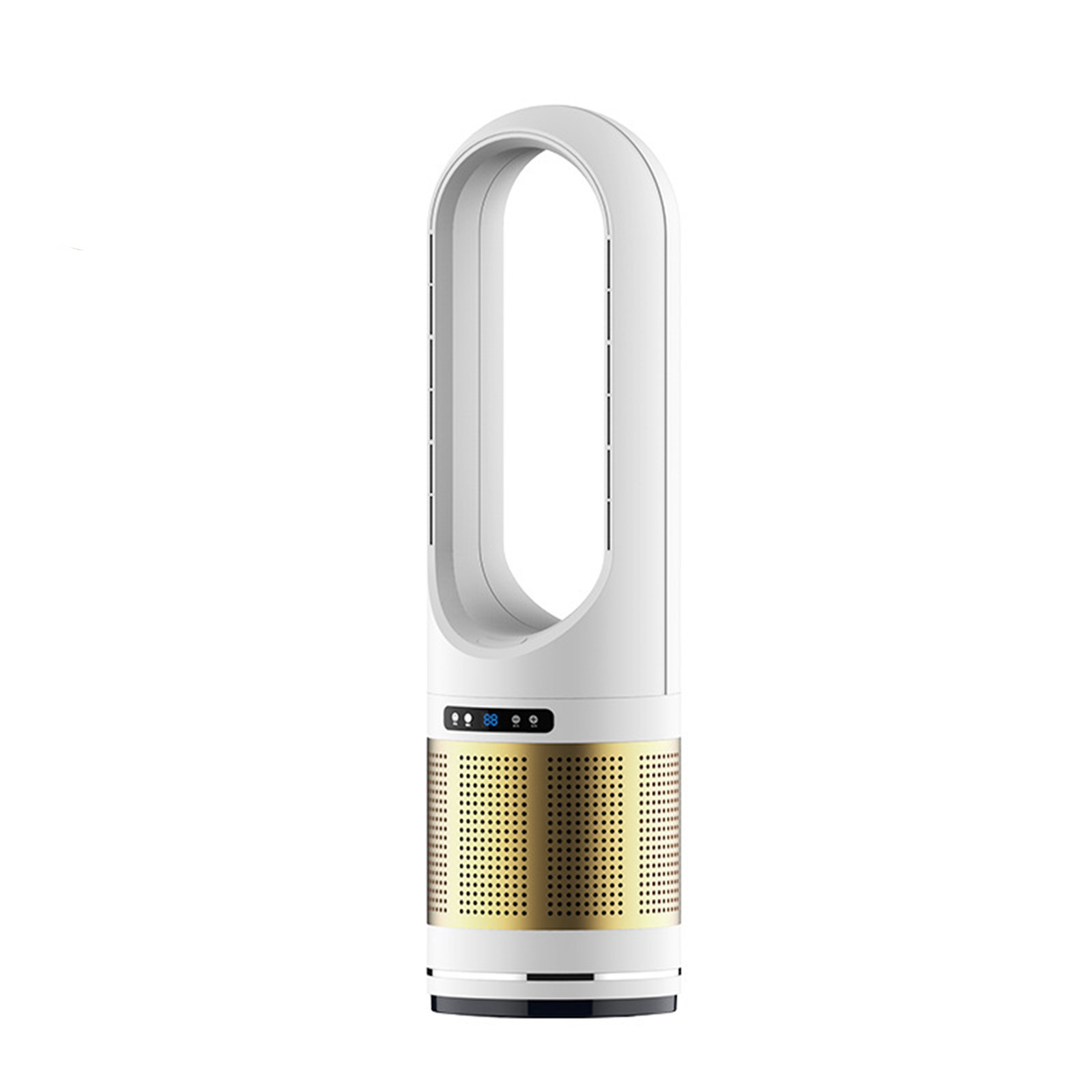 Ein weißer Turmventilator mit goldener, perforierter Basis steht vor einem weißen Hintergrund.