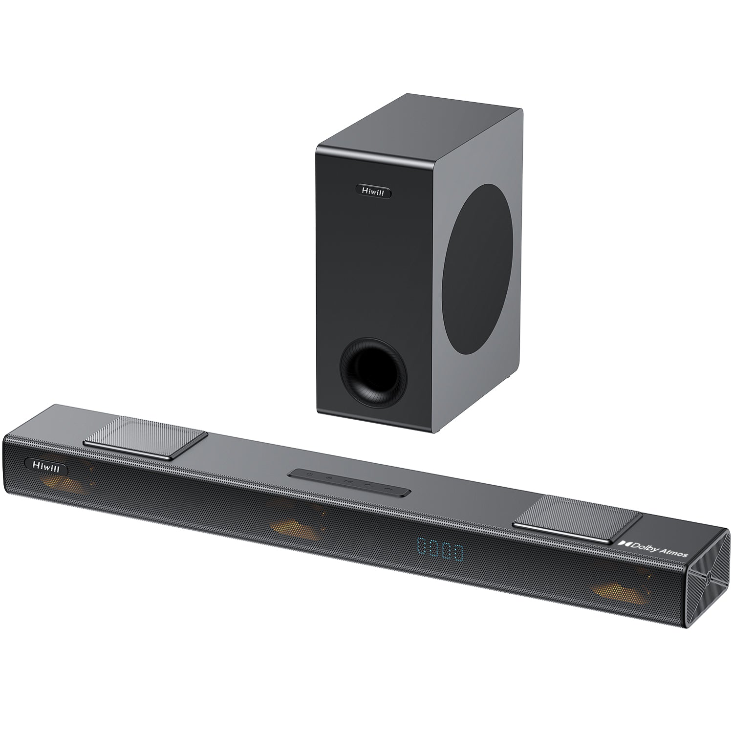 Eine Soundbar und ein Subwoofer von HiViLi, beide in Dunkelgrau, werden auf weißem Hintergrund angezeigt.