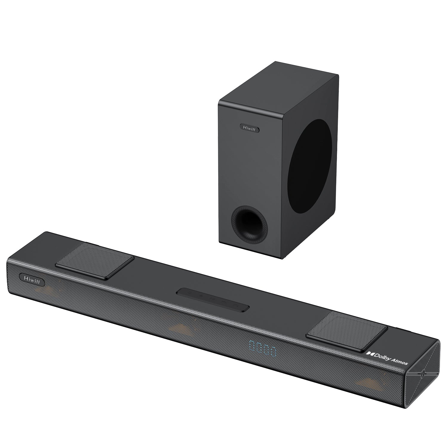 Eine dunkelgraue Soundbar und ein Subwoofer von HiViLi werden vor einem weißen Hintergrund angezeigt.