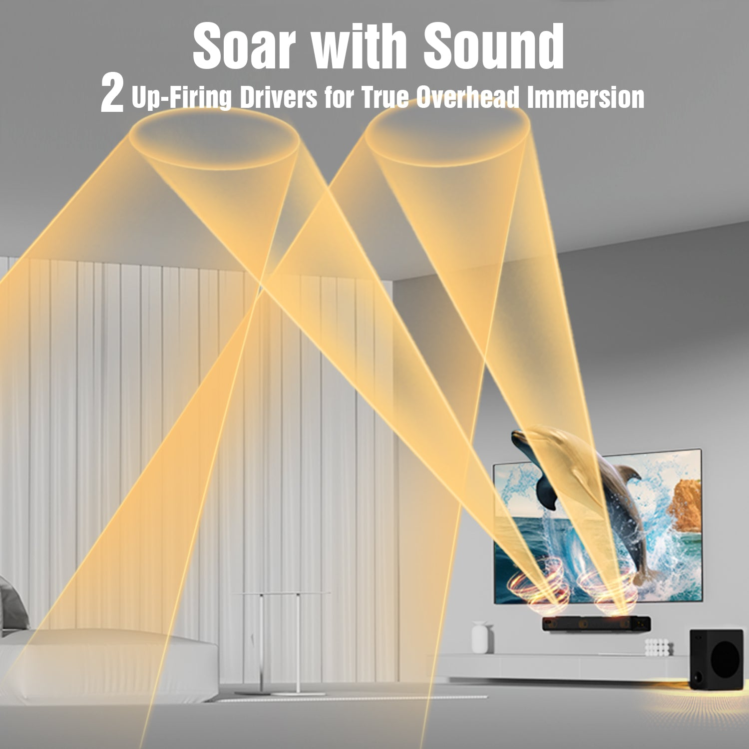 Ein Wohnzimmer-Setup zeigt ein Soundbar- und Subwoofer-System, das mit Dolby Atmos-Technologie verbessert wurde.