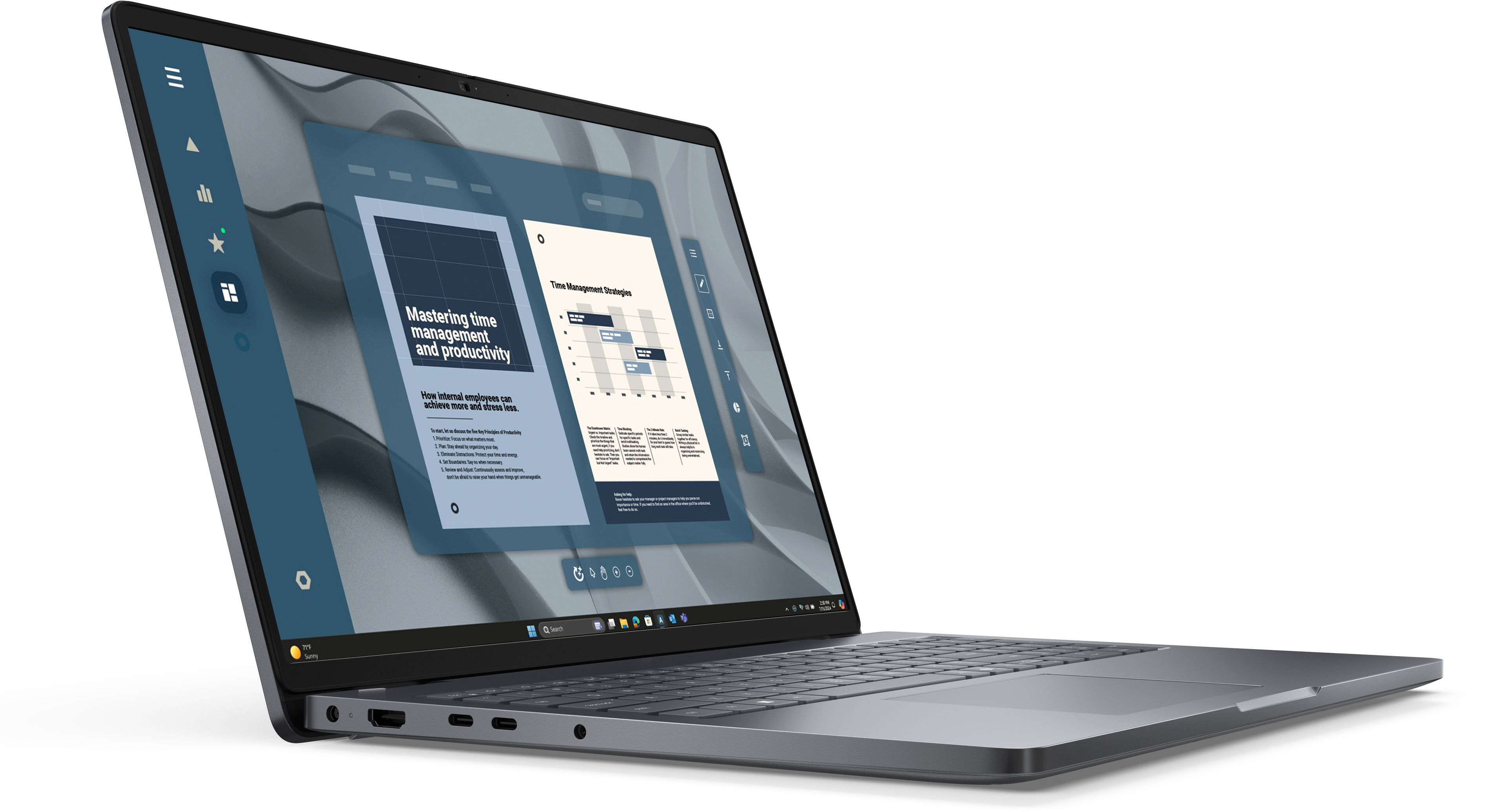 Laptop wyświetlający prezentację z zarządzania czasem z wykresami i tekstem na ciemnoszarym tle.