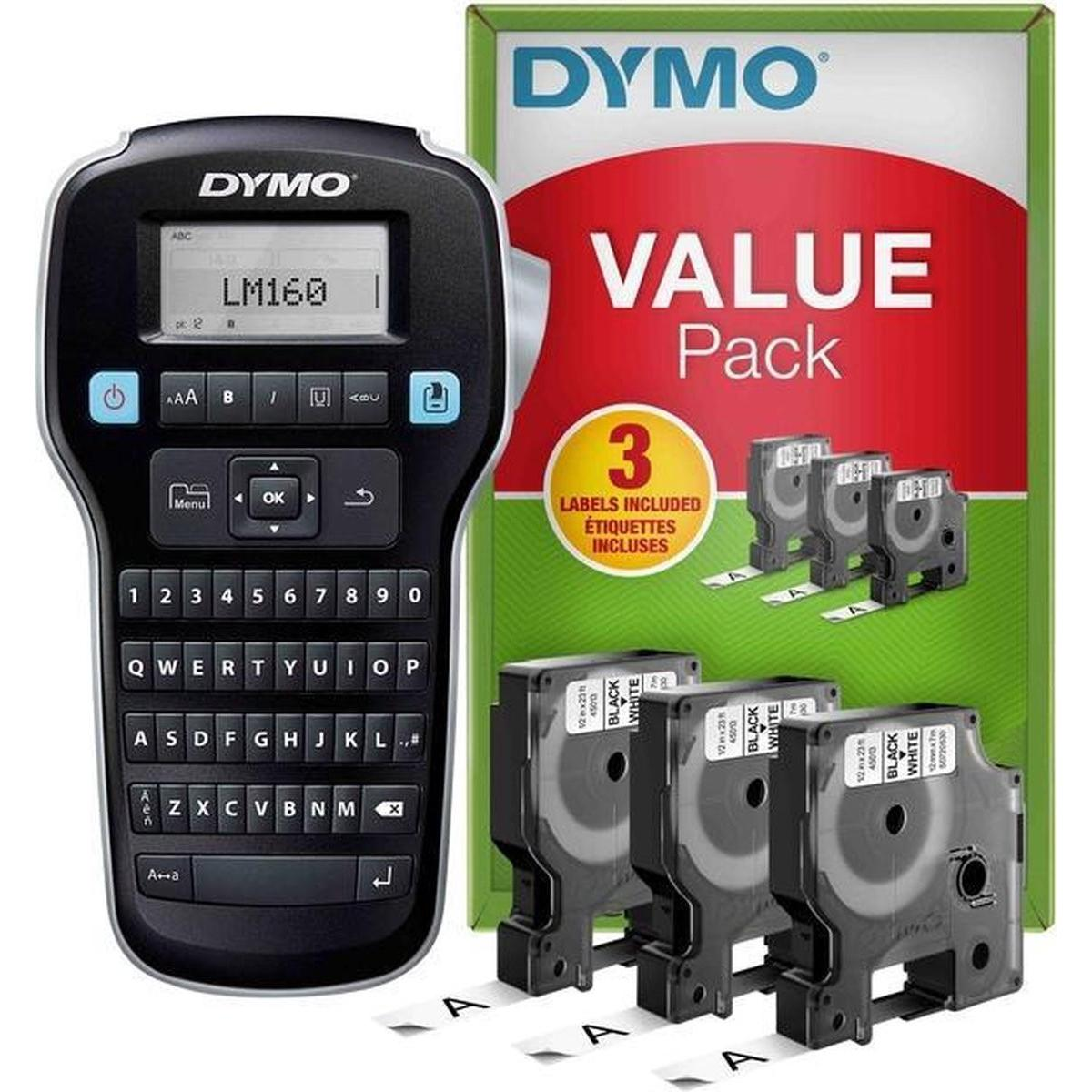 DYMO Etikettendrucker und Value Pack mit drei schwarzen Etikettenkassetten auf Weiß in einer Box.