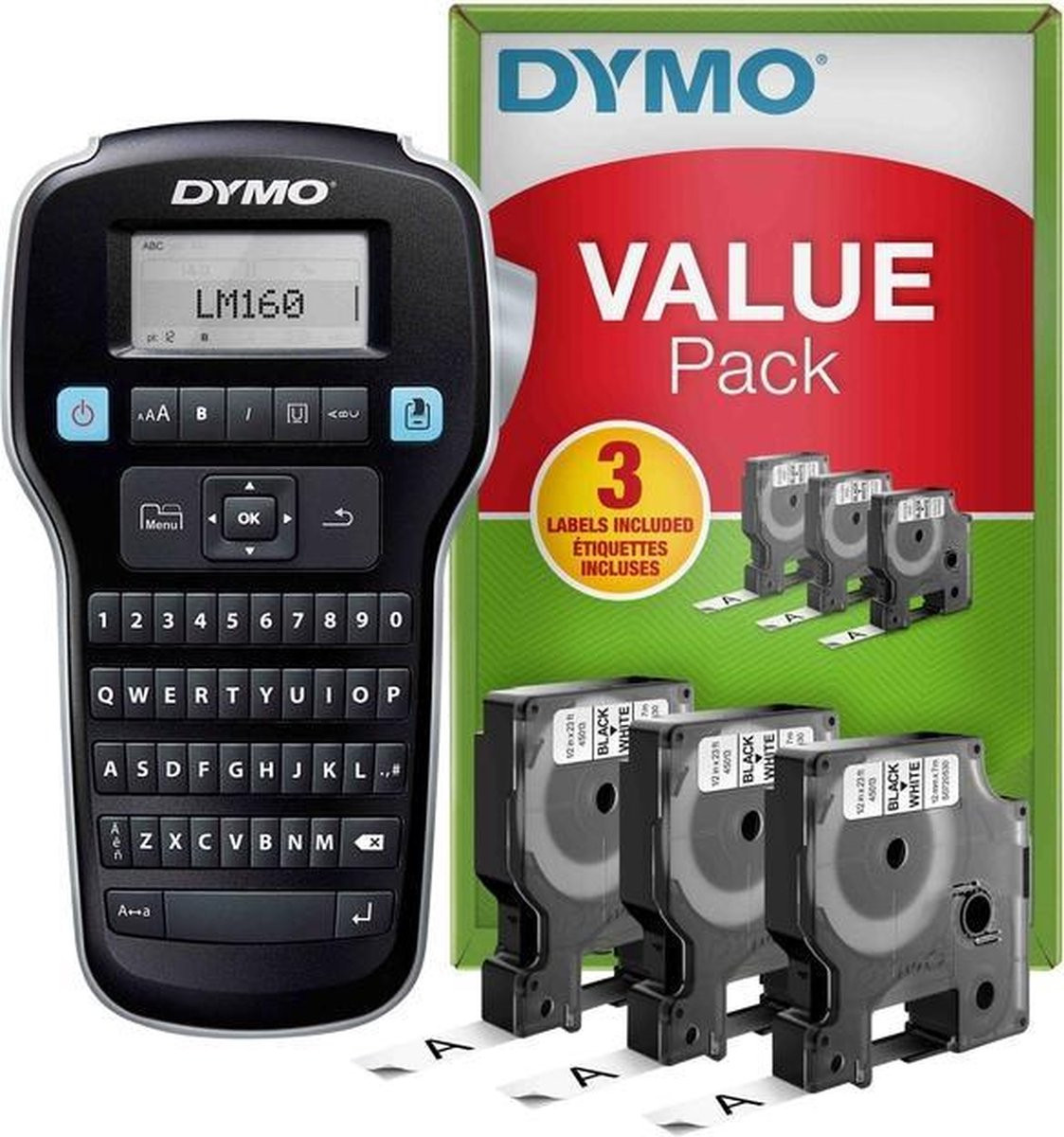 DYMO Etikettendrucker und Value Pack mit drei schwarzen Etikettenkassetten auf Weiß in einer Box.