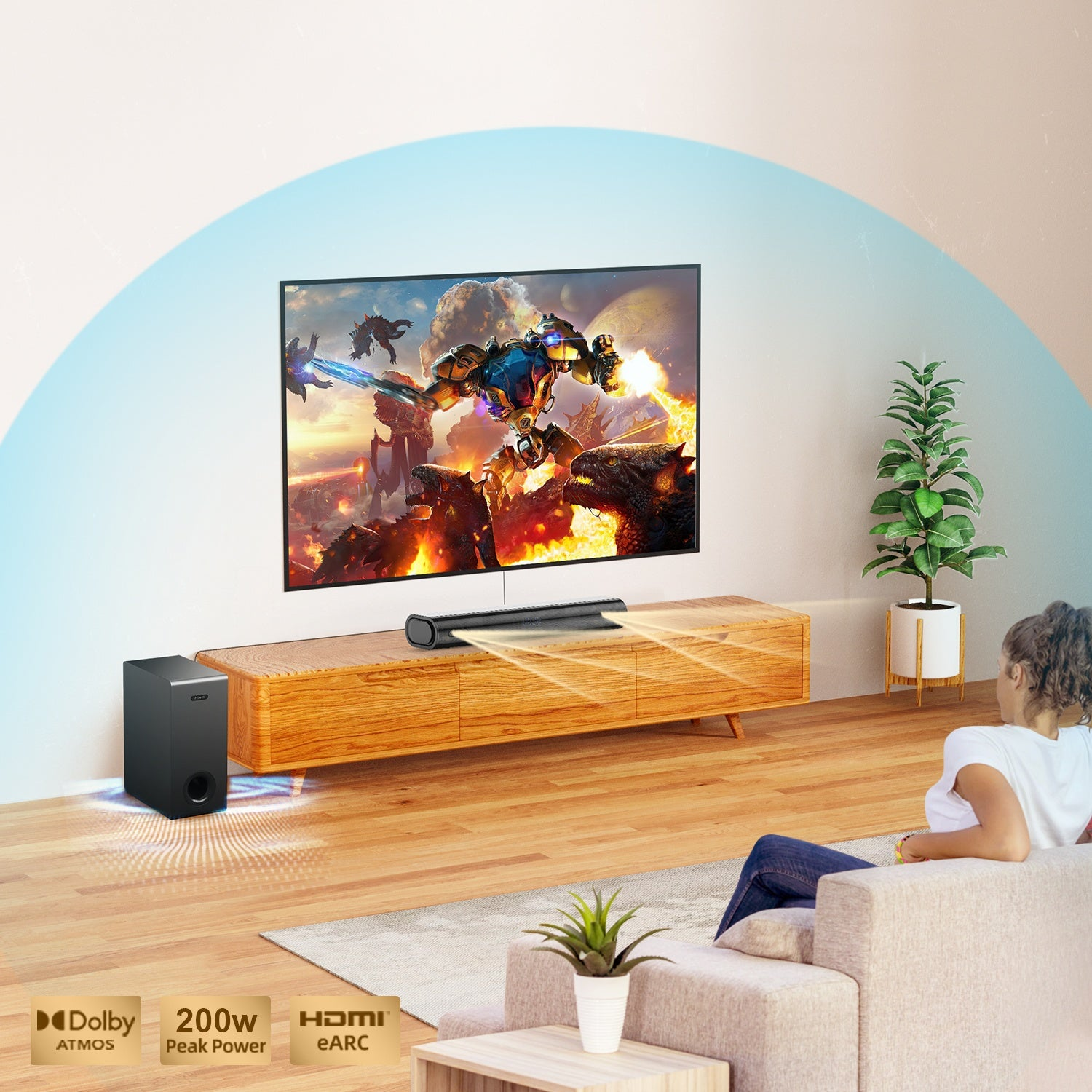 Soundsystem mit TV, Soundbar und Subwoofer in einer Wohnzimmerumgebung.
