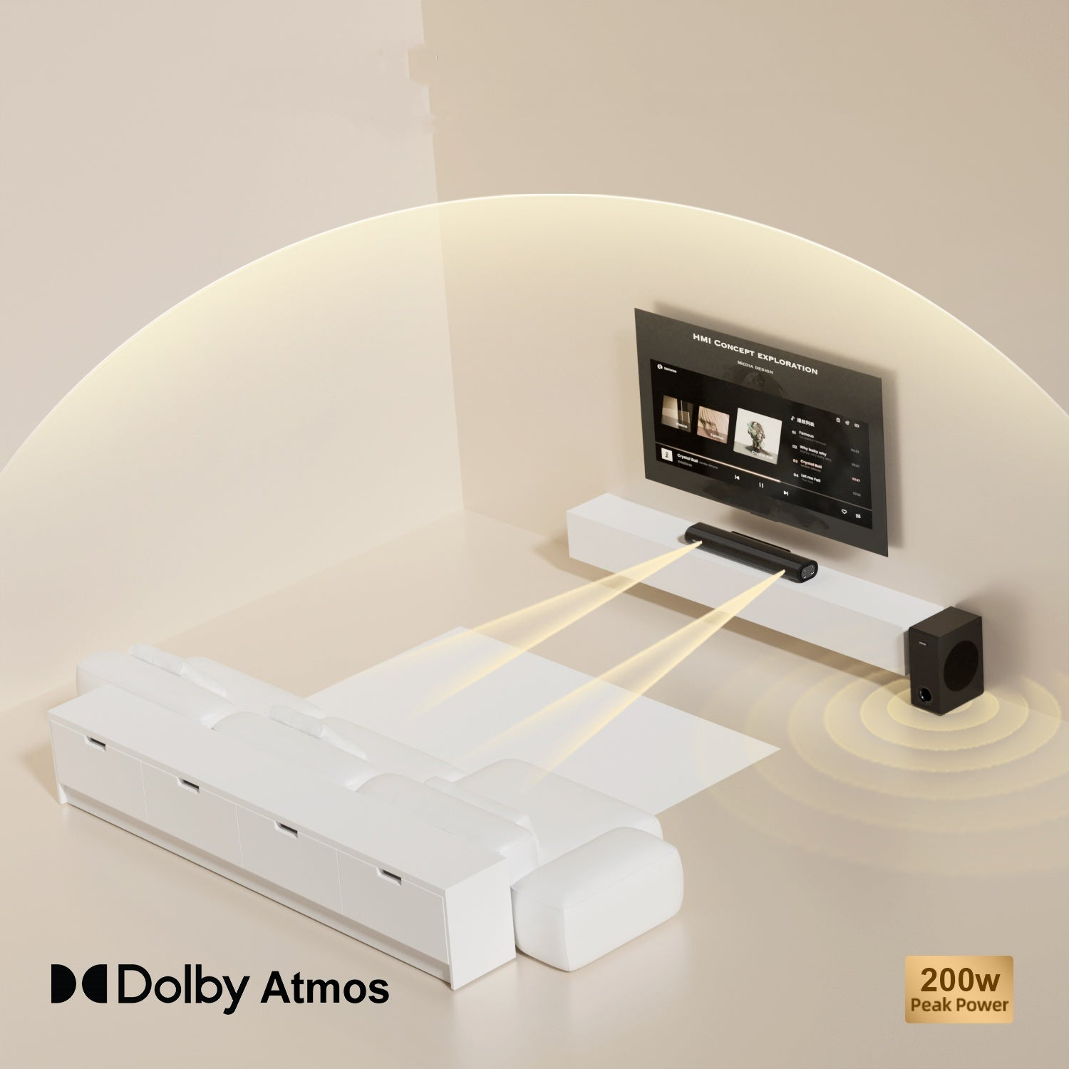 Ein Wohnzimmer mit weißem Sofa, Fernseher, Soundbar und Subwoofer für ein Heimkinoerlebnis.