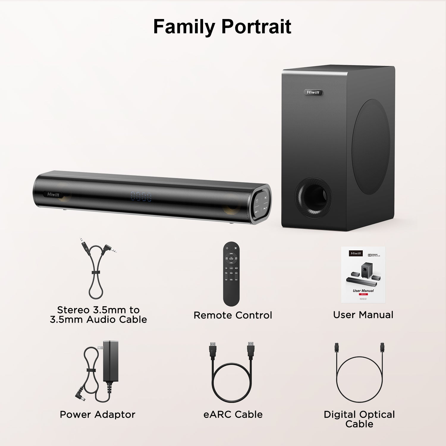 Ein Familienporträt einer Soundbar, eines Subwoofers, von Kabeln, einer Fernbedienung, eines Netzteils und einer Bedienungsanleitung.