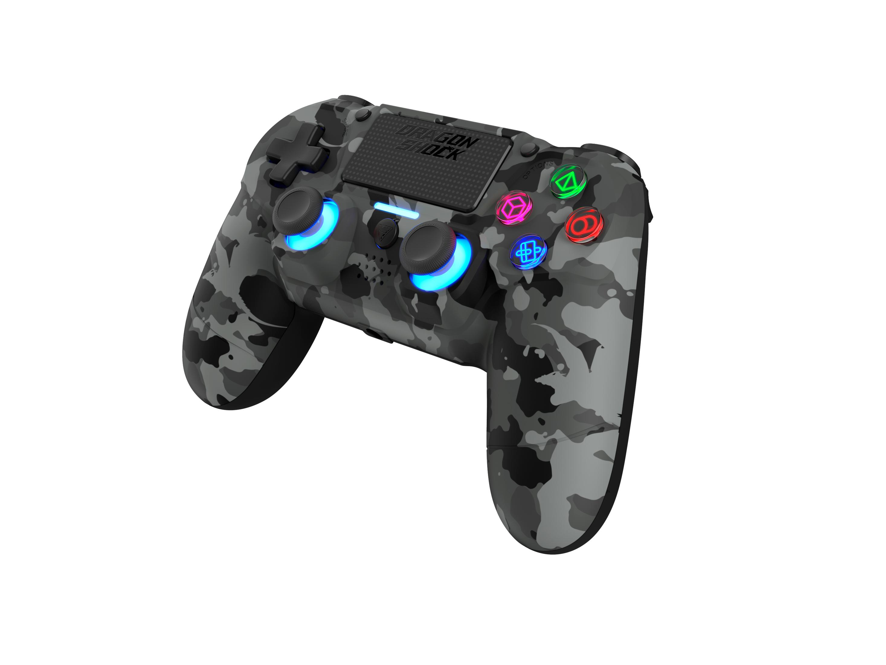 Controller di gioco mimetico grigio con joystick luminosi e pulsanti colorati su sfondo bianco.