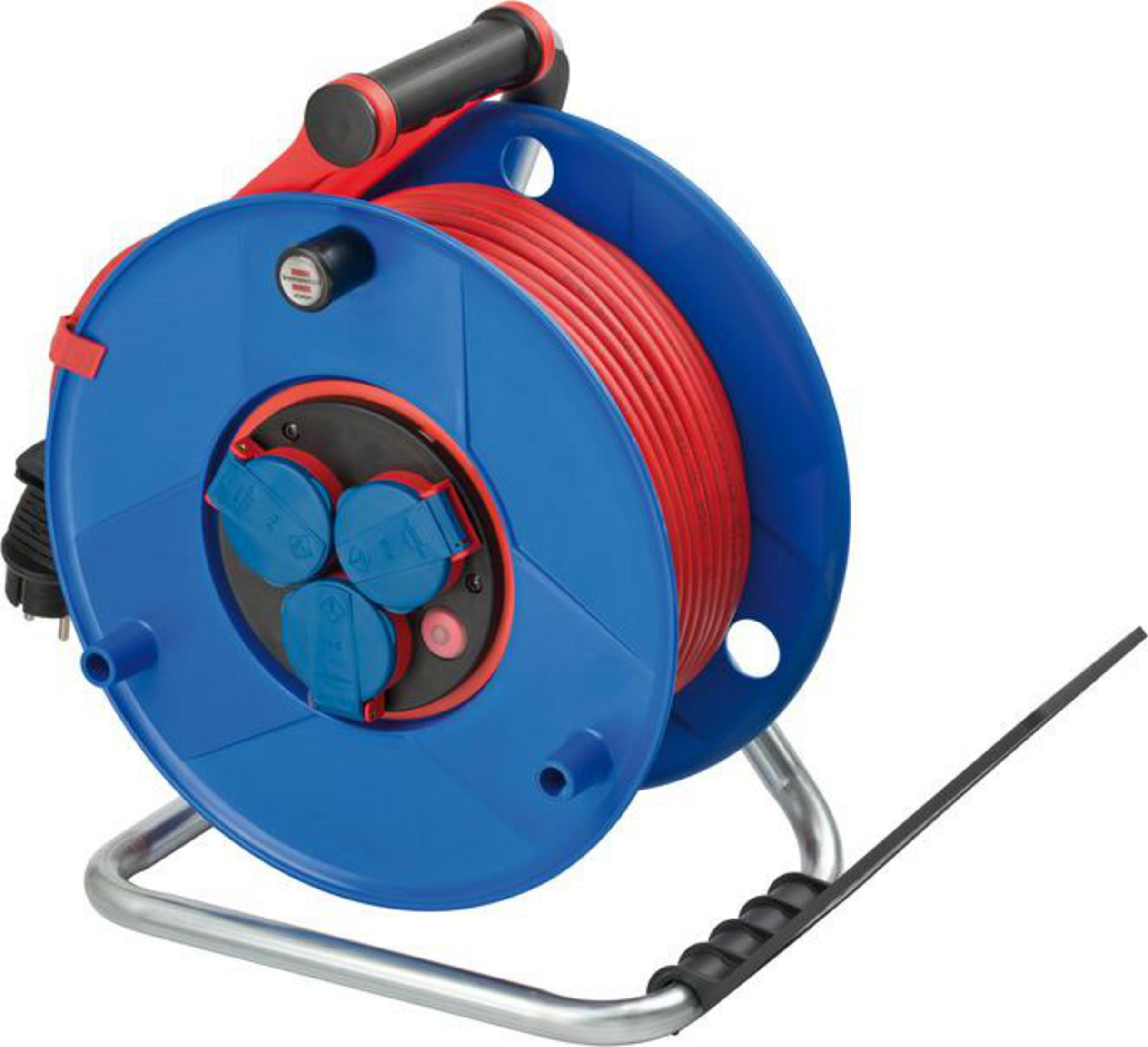 Avvolgicavo blu con cavo rosso, maniglia nera e supporto in metallo argentato.
