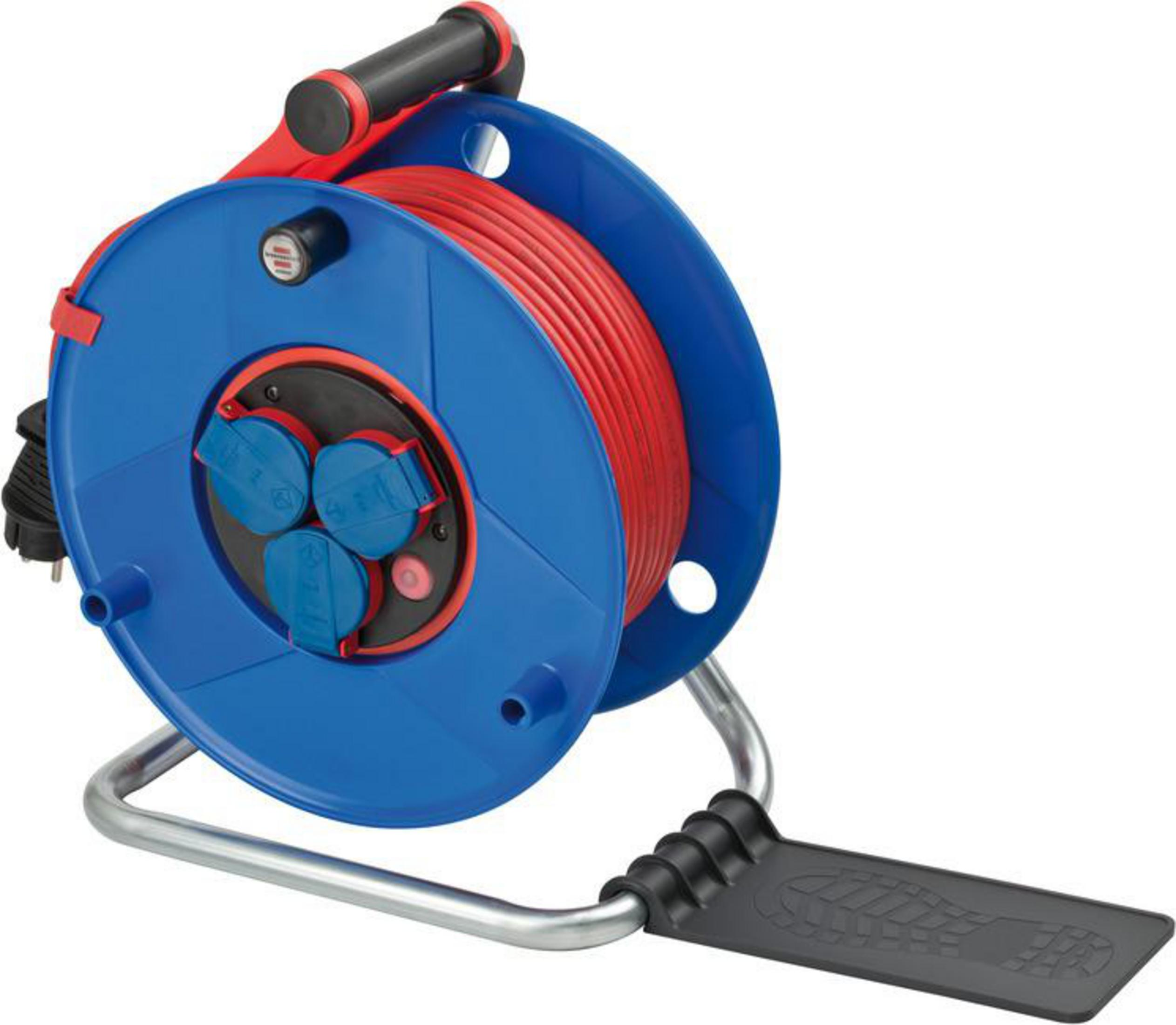 Avvolgicavo blu con cavo rosso, maniglia nera e supporto in metallo argentato.